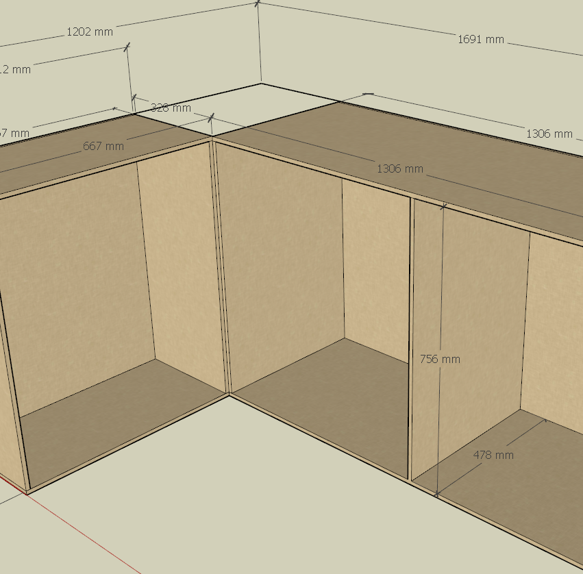 Digital 3D model of a kitchen cabinet with multiple storage compartments, showing interior and exterior measurements in millimeters.