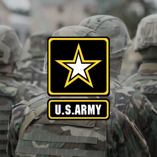 U.S. Army soldiers in camouflage uniforms and helmets gathered outdoors, with a U.S. Army emblem featuring a white star within a yellow and black border in the foreground.