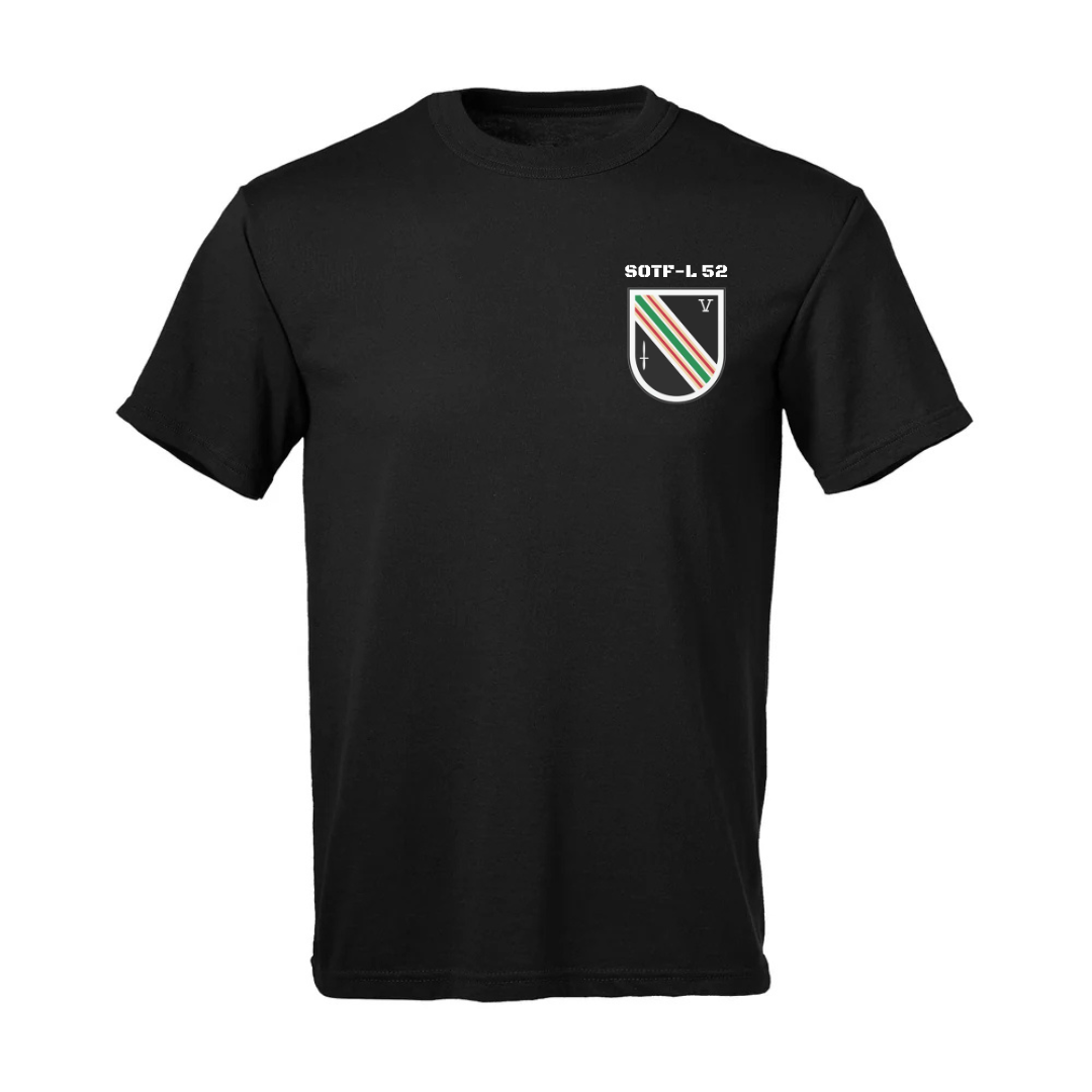 Black T-shirt with a crest on the left chest featuring the Italian flag colors and text 'SOTF-L 52' above it.