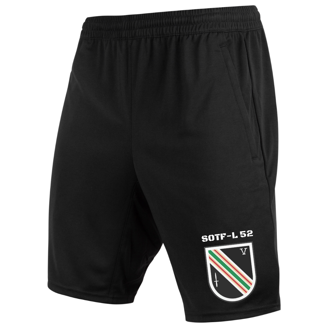 Black athletic shorts with a crest and text, featuring an elastic waistband and a side pocket.