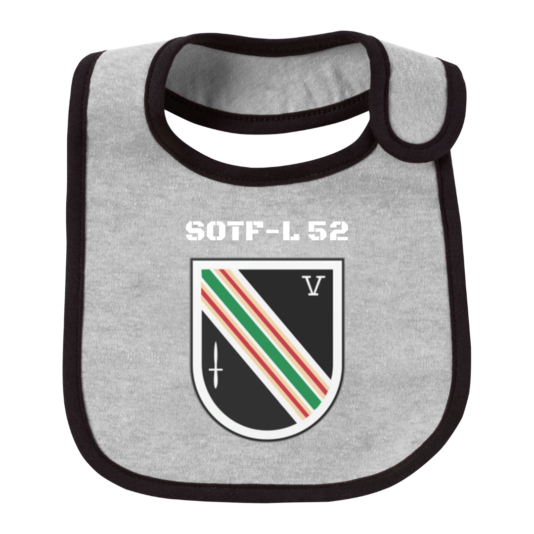 Gray baby bib with black trim and military insignia emblem.