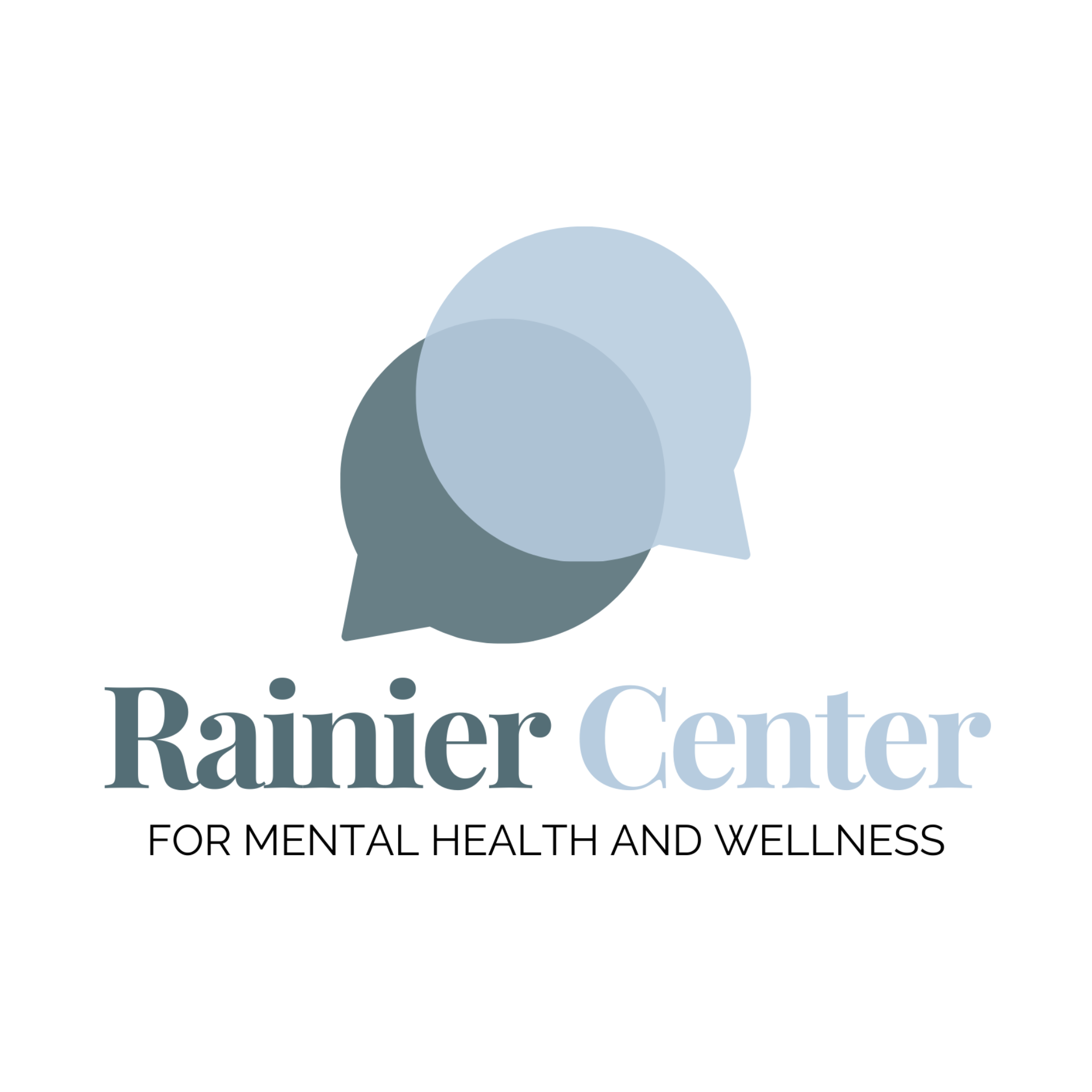 Logo of Rainiercenter Center for Mental Health and Wellness with stylized speech bubbles in dark blue and light blue, and text indicating it is for mental health and wellness.