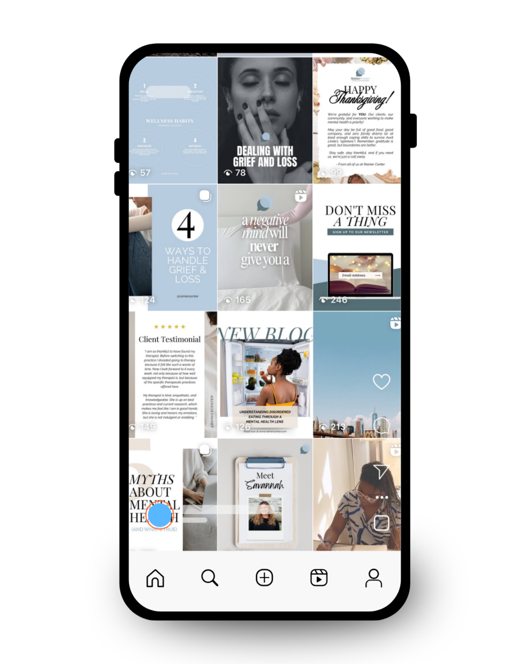 Instagram mobile app displaying a grid of posts related to mental health, grief, and wellness, including text and images on a smartphone screen.