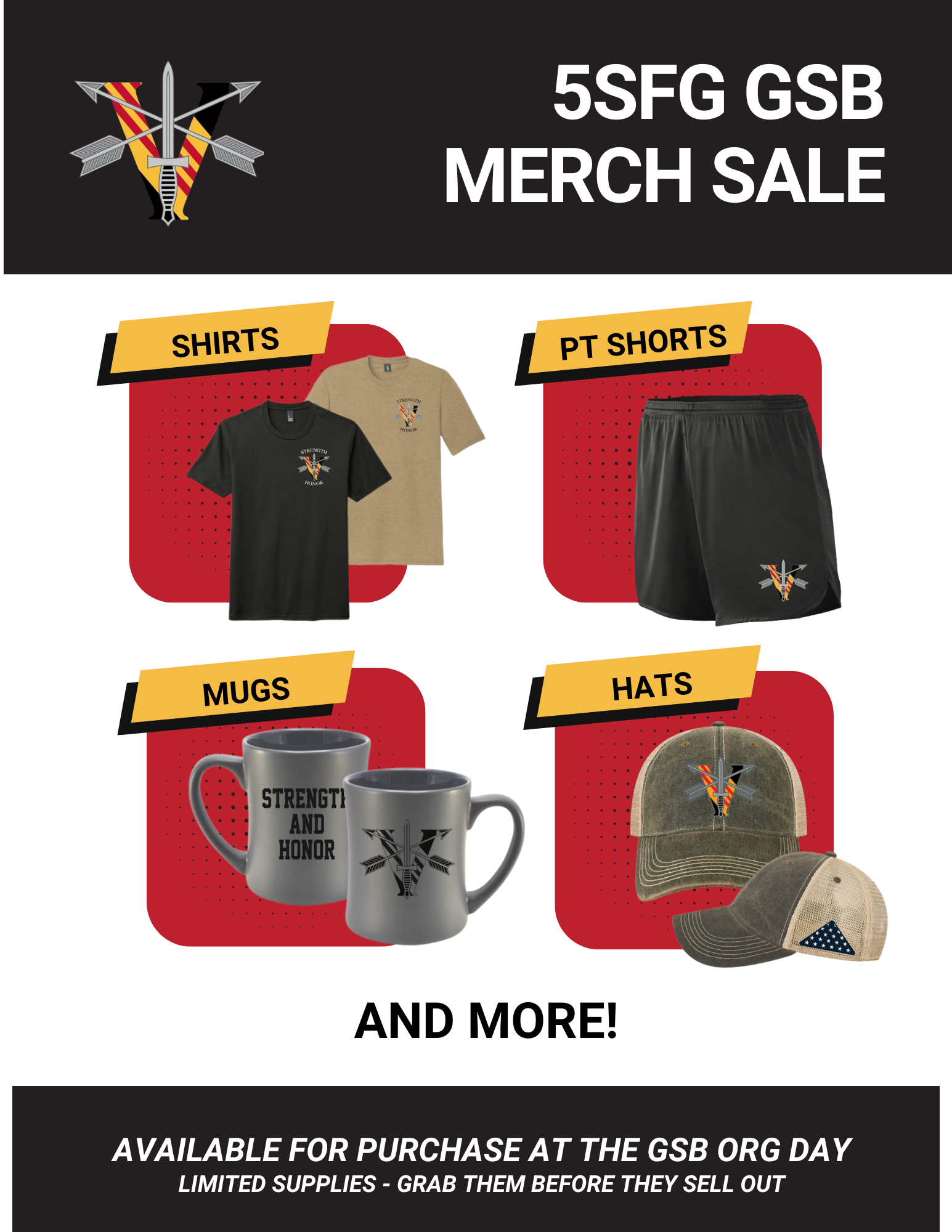 Merchandise sale flyer displaying t-shirts, PT shorts, mugs, hats, and more with the text '5SFG GSB MERCH SALE' at the top and details about availability and limited supplies at the bottom.