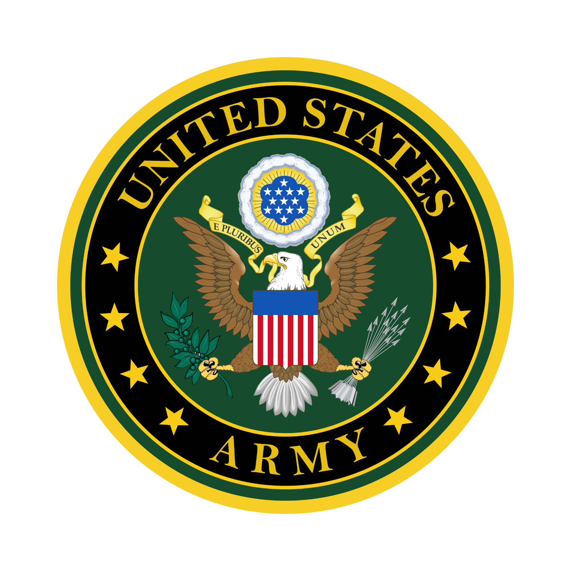 Close-up of the United States Army emblem featuring a bald eagle at its center, with the words "United States" and "Army" around the badge.