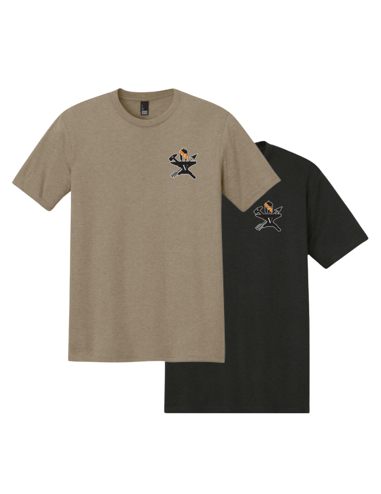 Two t-shirts, one beige and one black, with a small logo featuring a campfire, crossed arrows, and a candle on the left chest area.
