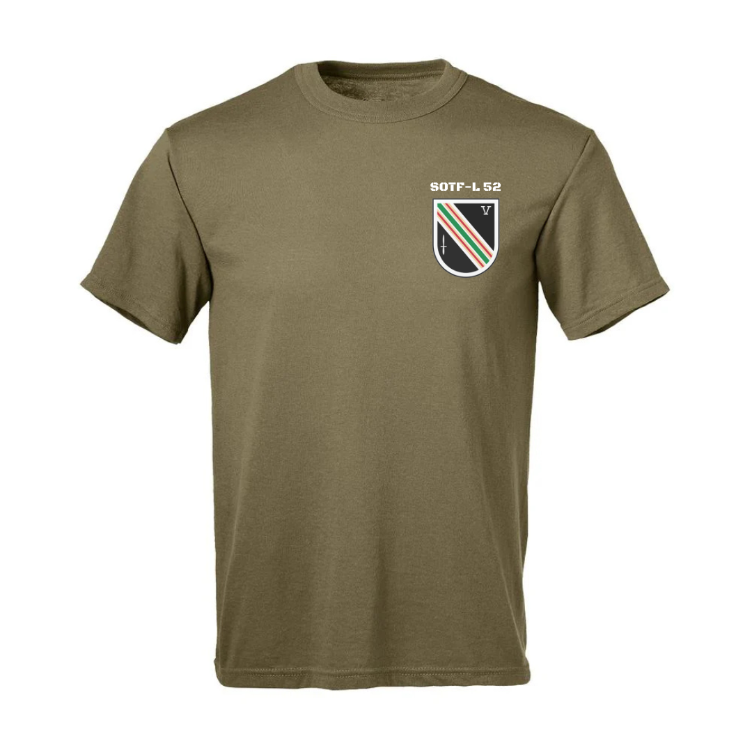 Olive green T-shirt with a small crest on the left chest area; crest features a shield with diagonal black, red, white, and green stripes, and the text 'SOTF-L 52' above.