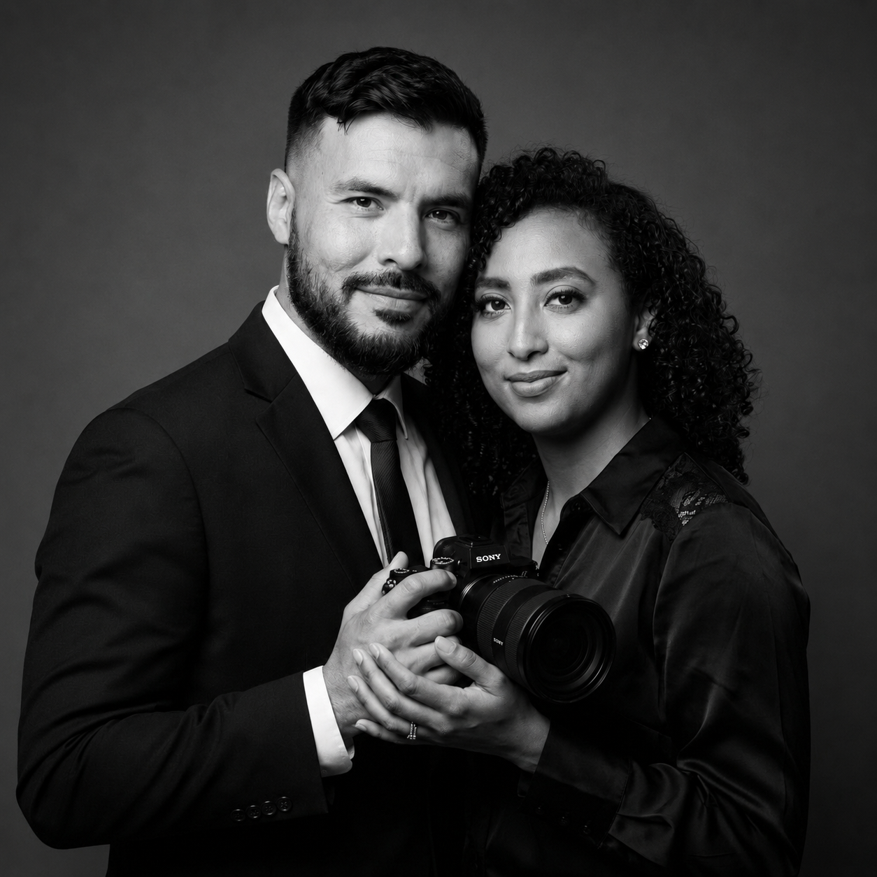 Black and white portrait of a man and woman, both holding a camera, smiling subtly, with close head positioning, dressed in formal attire, against a plain background.