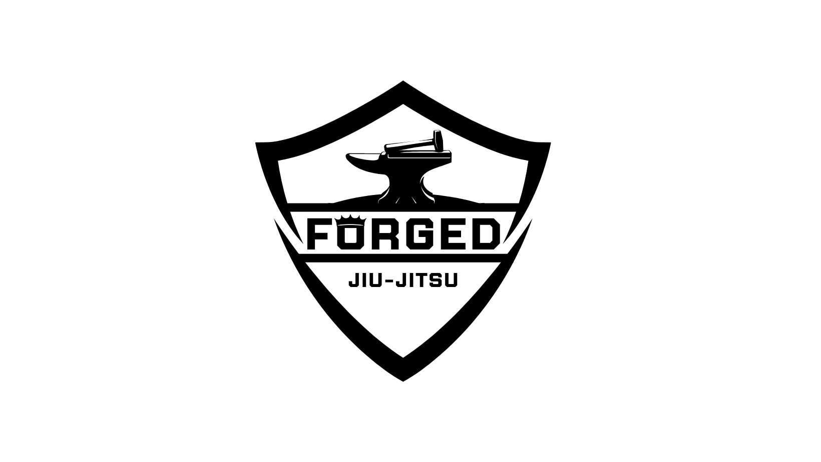 Black and white logo of a shield with an anvil and hammer inside, with the words 'FORGED' and 'JIU-JITSU' written below. Emblem of Forged Jiu Jitsu located in Ozark, Nixa, and Springfield MO.