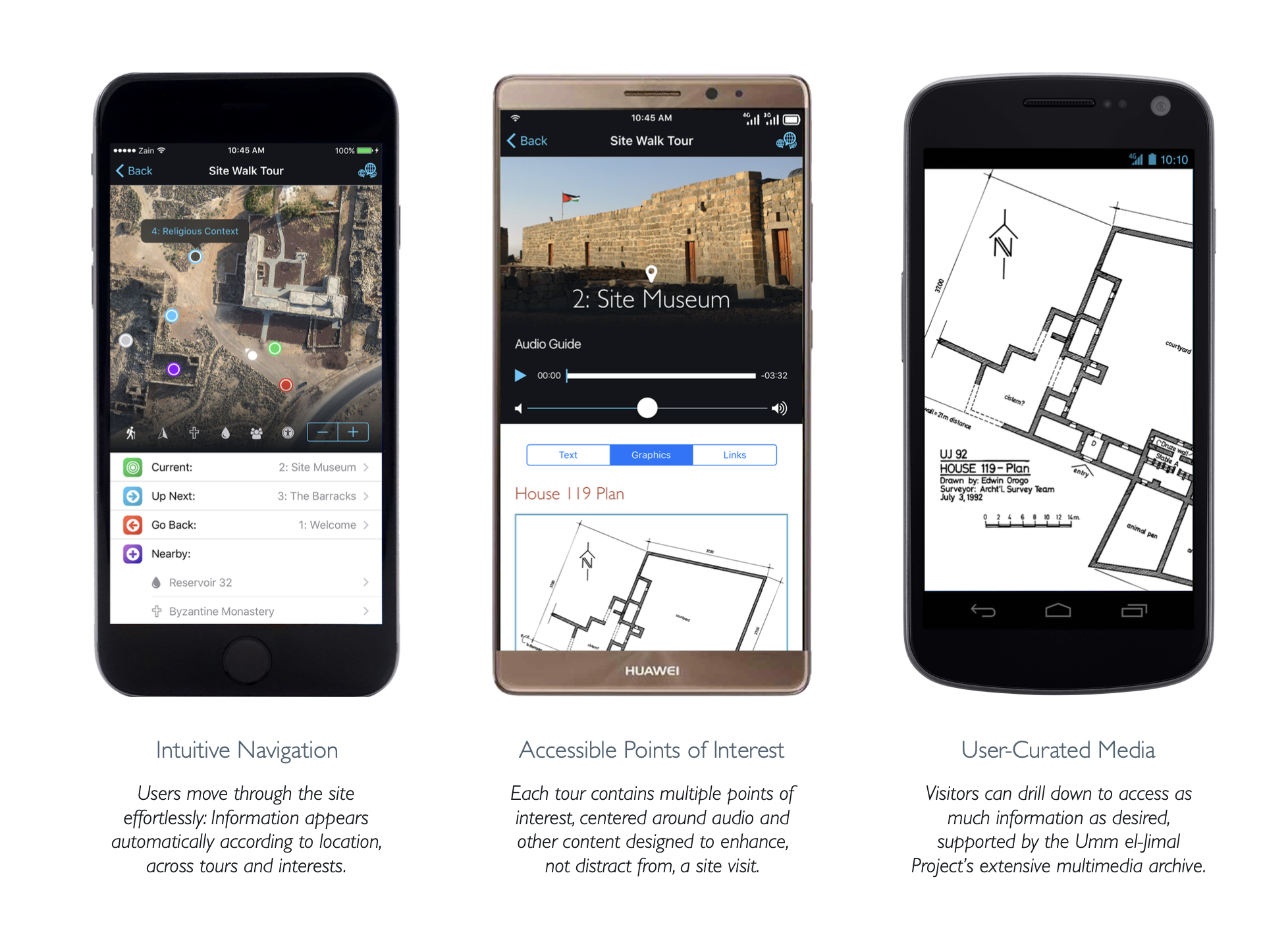 Three smartphones displaying multimedia content related to site tours. The first shows an interactive map with points of interest, the second presents an audio guide and site plan, and the third features a detailed architectural floor plan.
