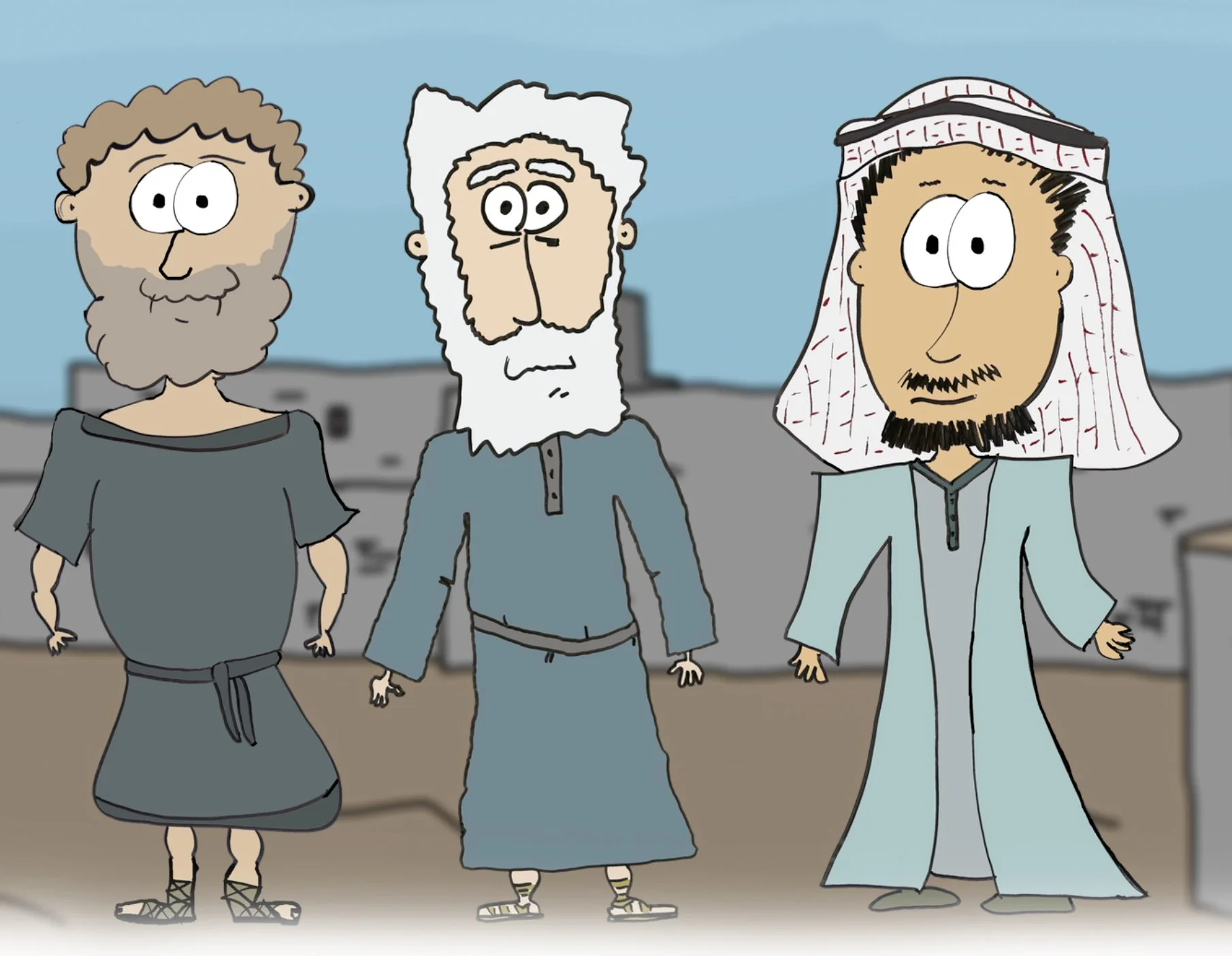 Cartoon illustration of three men dressed in ancientl attire, standing outdoors with buildings in the background.
