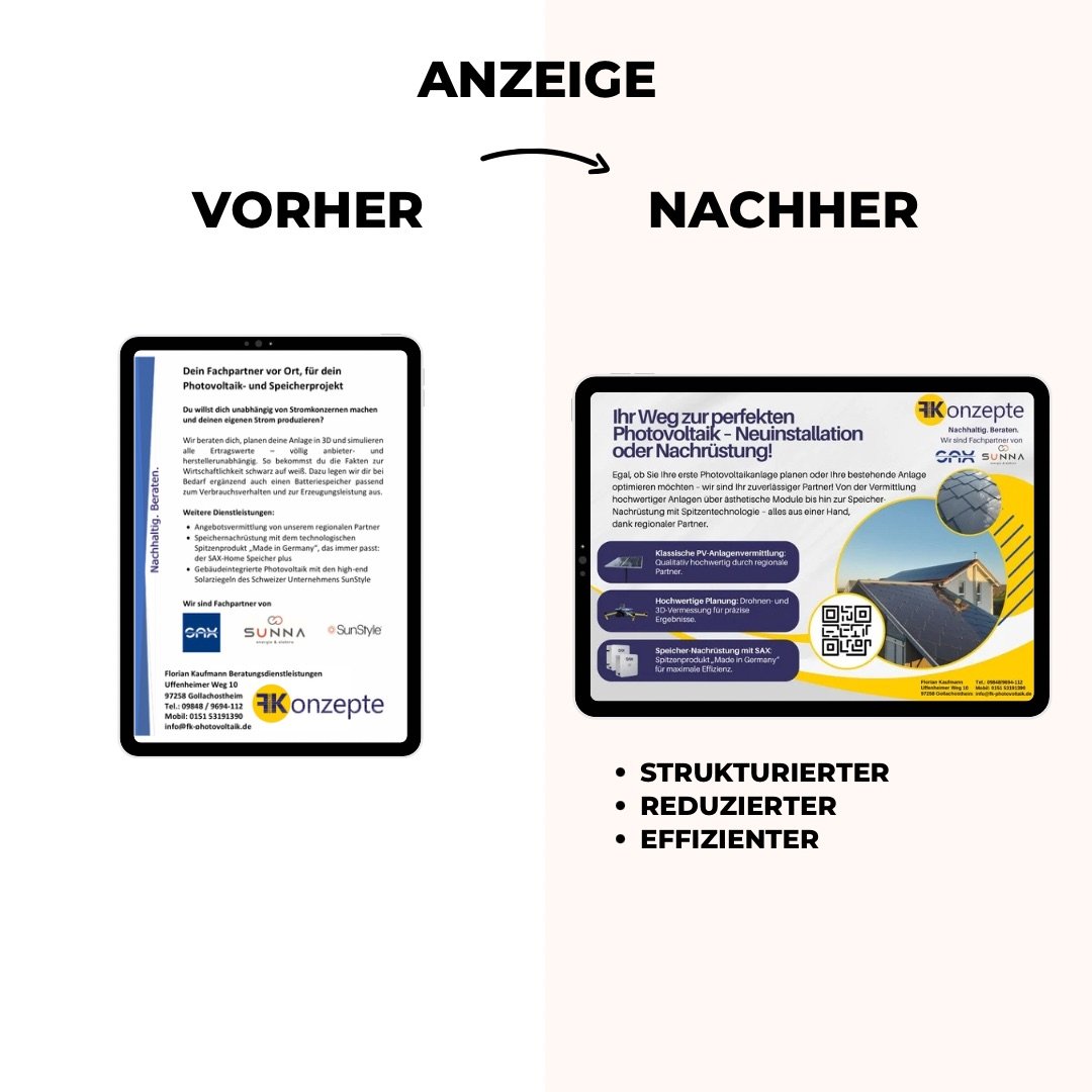 Vergleich einer Anzeige vor und nach der Optimierung, links vor der Optimierung, rechts danach. Die rechte Anzeige ist strukturierter, reduzierter, und effizienter mit einem klaren Layout und visuellen Elementen zur Photovoltaikanlage.
