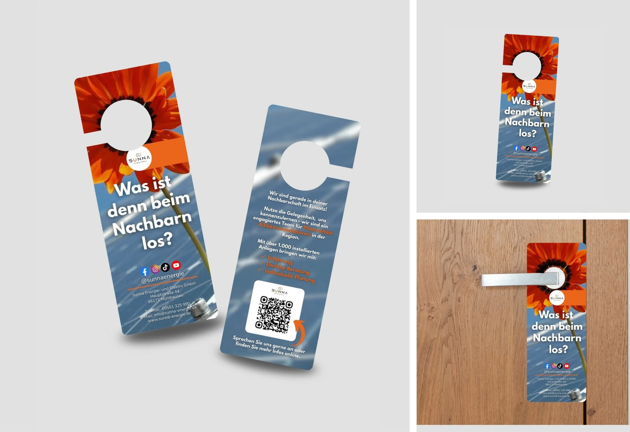 Ein Werbegeschenk in Form eines Türanhängers mit dem Text 'Was ist denn beim Nachbarn los?' und einem Bild einer Sonnenblume. Der Türanhänger enthält Kontaktinformationen und Social-Media-Icons sowie einen QR-Code, und wird an Türknöpfen oder an eine