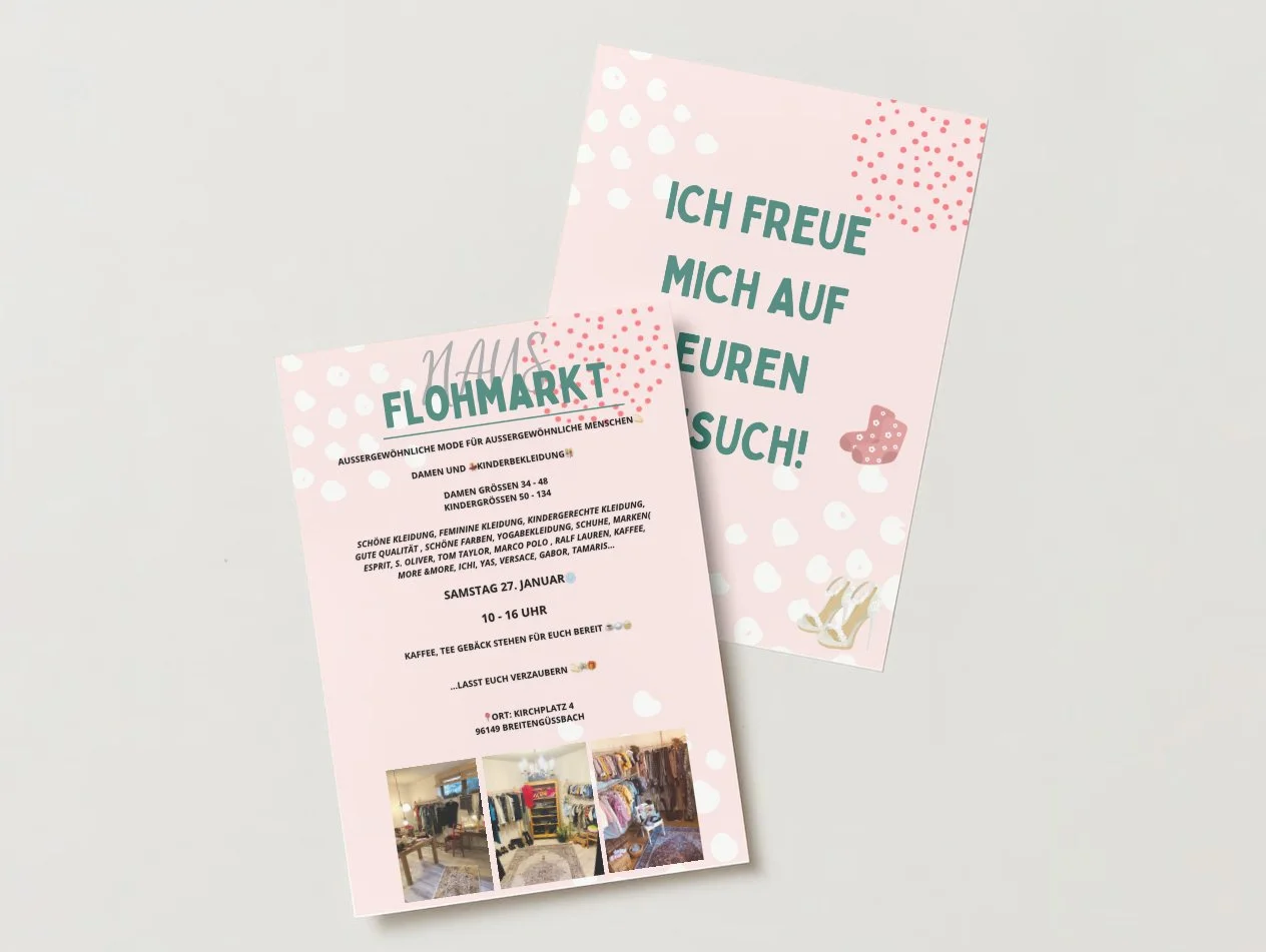 Zwei Flyer mit Informationen zu einem Flohmarkt auf Deutsch, inklusive Damen- und Kinderkleidung, Datum und Uhrzeit des Events, sowie eine Einladung zum Besuch. Dekorative Elemente und eine freundliche Botschaft sind ebenfalls sichtbar.