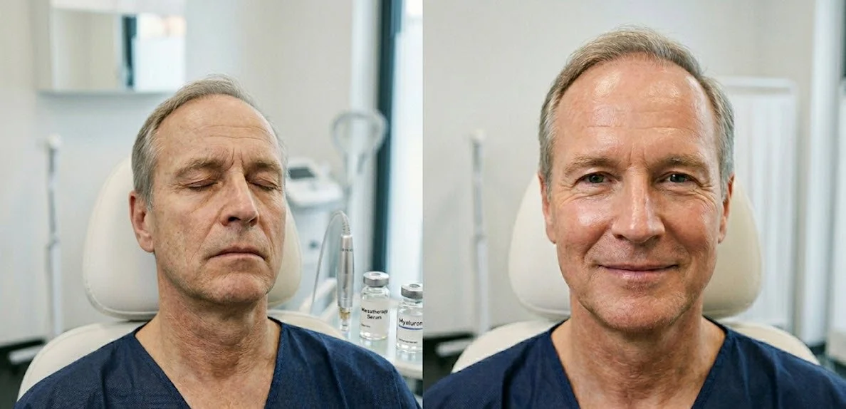 Vor und nach einem Hautpflege- oder Schönheitsbehandlung, Mann mit unterschiedlichem Hautzustand in einem medizinischen Behandlungsraum
