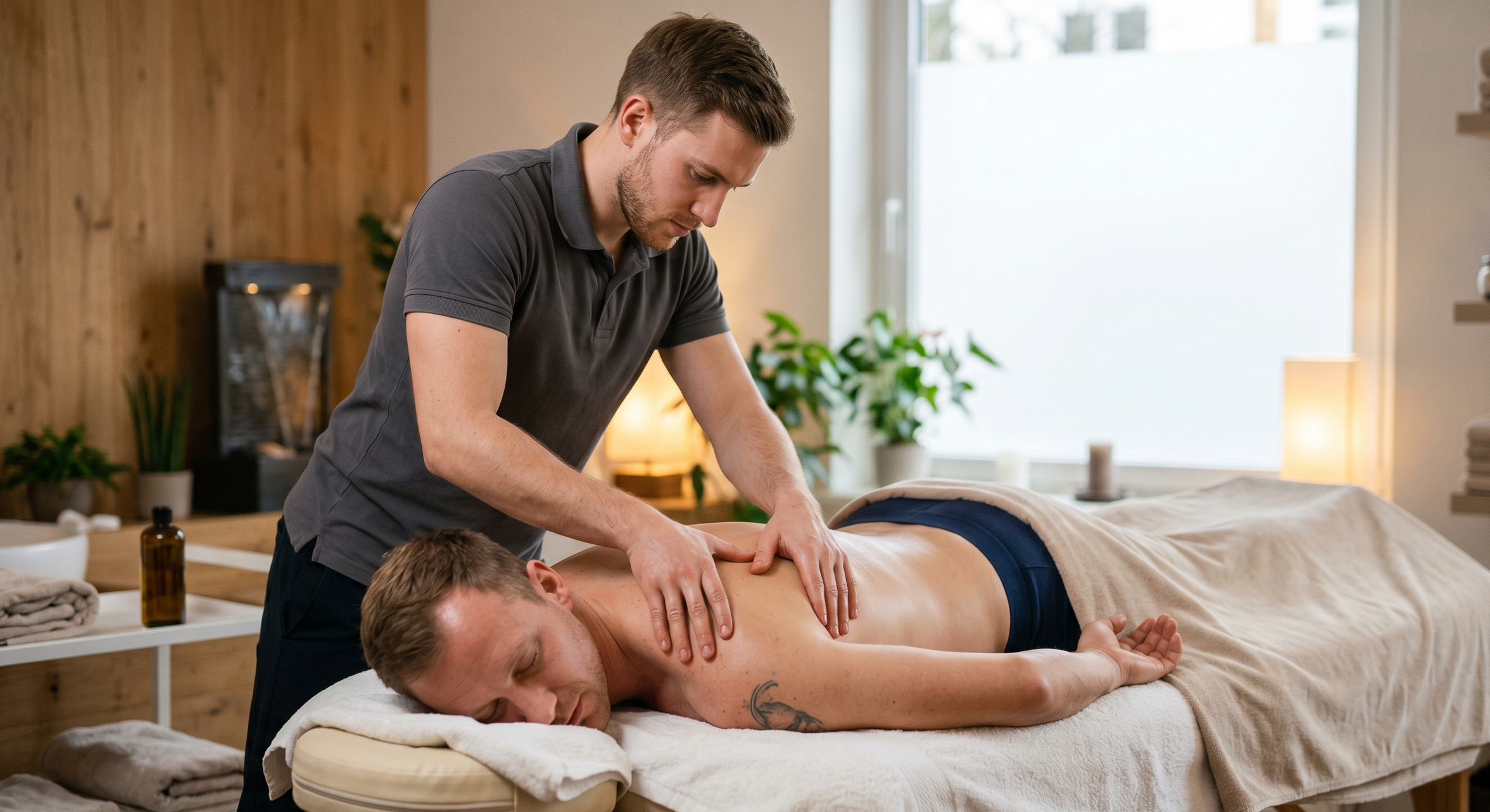 Mann erhält eine Massage in einem Wellnessstudio, während ein weiteres männliches Modell auf der Liege liegt.
