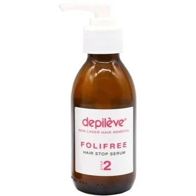 Braune Flasche mit weißen Pumpverschluss und Etikett, darauf steht 'depileve FOLIFREE NON LASER HAIR REMOVAL HAIR STOP SERUM'