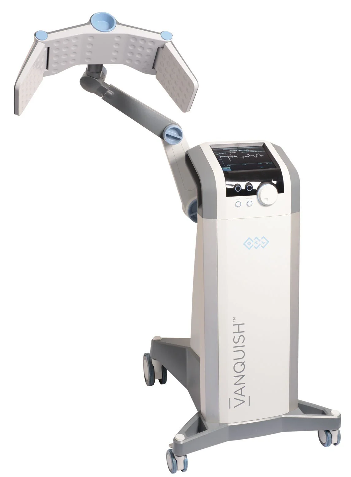 Ein medizinisches Gerät namens Vanquish mit einem Bildschirm, Knöpfen und einem Arm mit einer Kontaktfläche, wahrscheinlich für die Fettabsaugung.