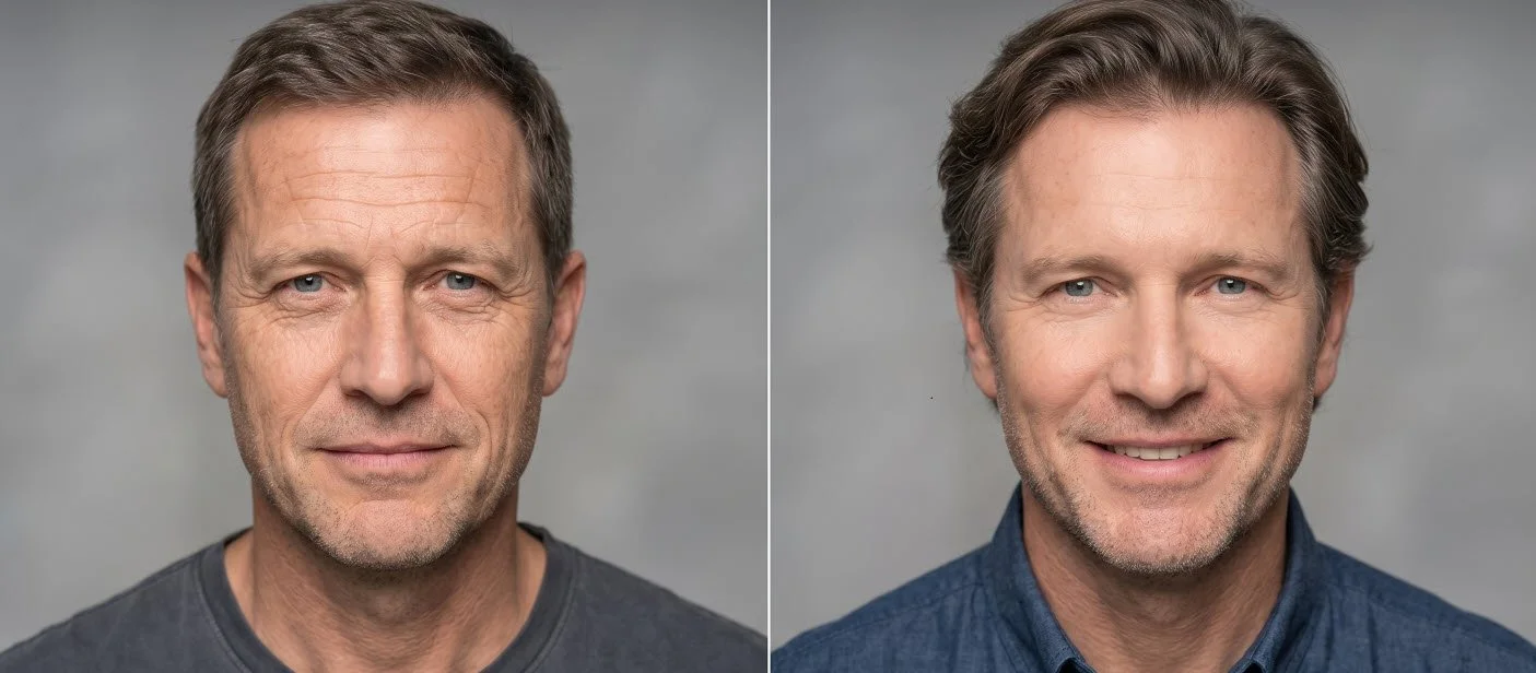 Zwei Porträtfotos eines Mannes, links mit kurzem Haar, grau T-Shirt, links lächelnd, rechts mit etwas längerer Haarfrisur, blauer Hemd, ebenfalls lächelnd, vor grauem Hintergrund.