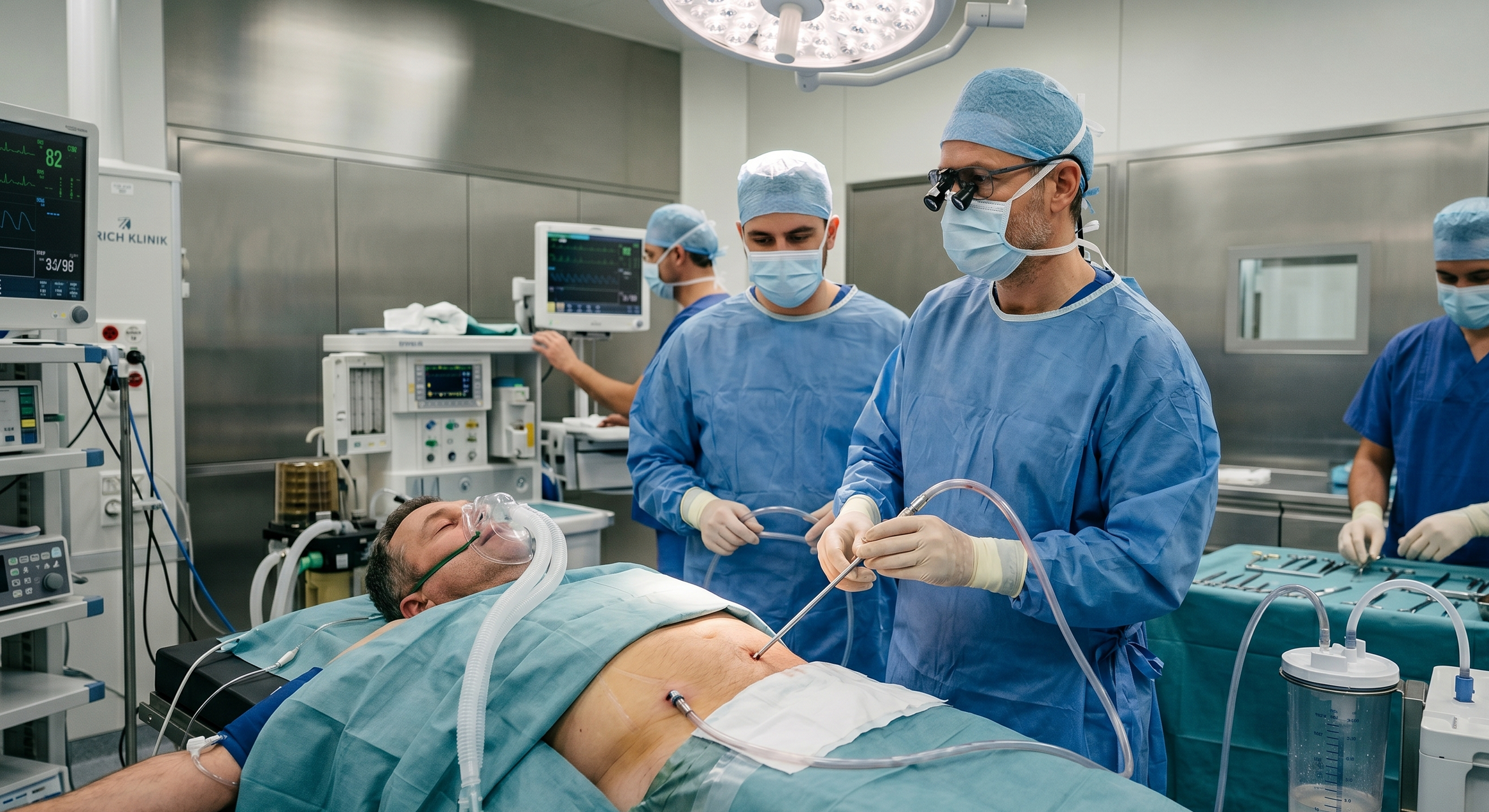 Mann der eine Liposuction macht.