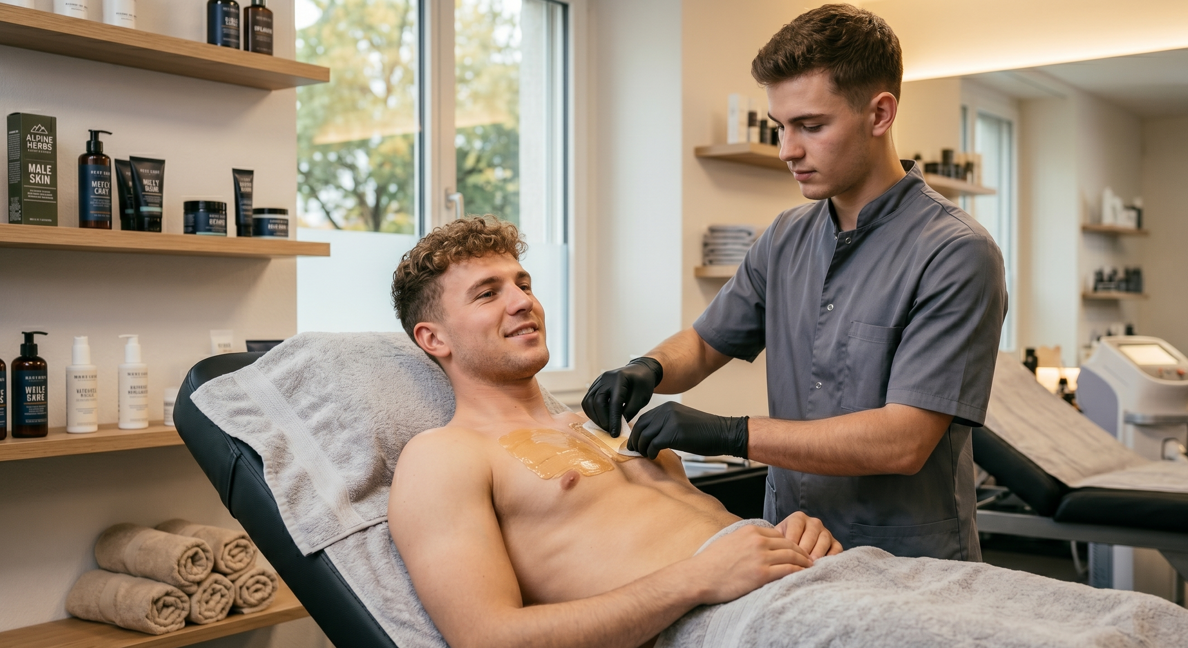 Mann der ein Brustwaxing macht bei Menesthetic in Zürich, dem Waxing Studio für Männer.