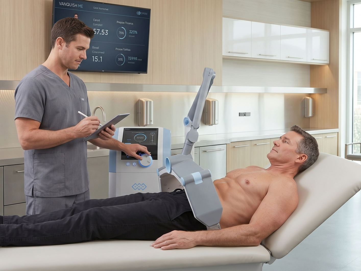 Ein Mann bekommt eine BTL Vanquish ME Behandlung um seinen Bauchumfang zu reduzieren. Er ist in Begleitung eines Arztes.