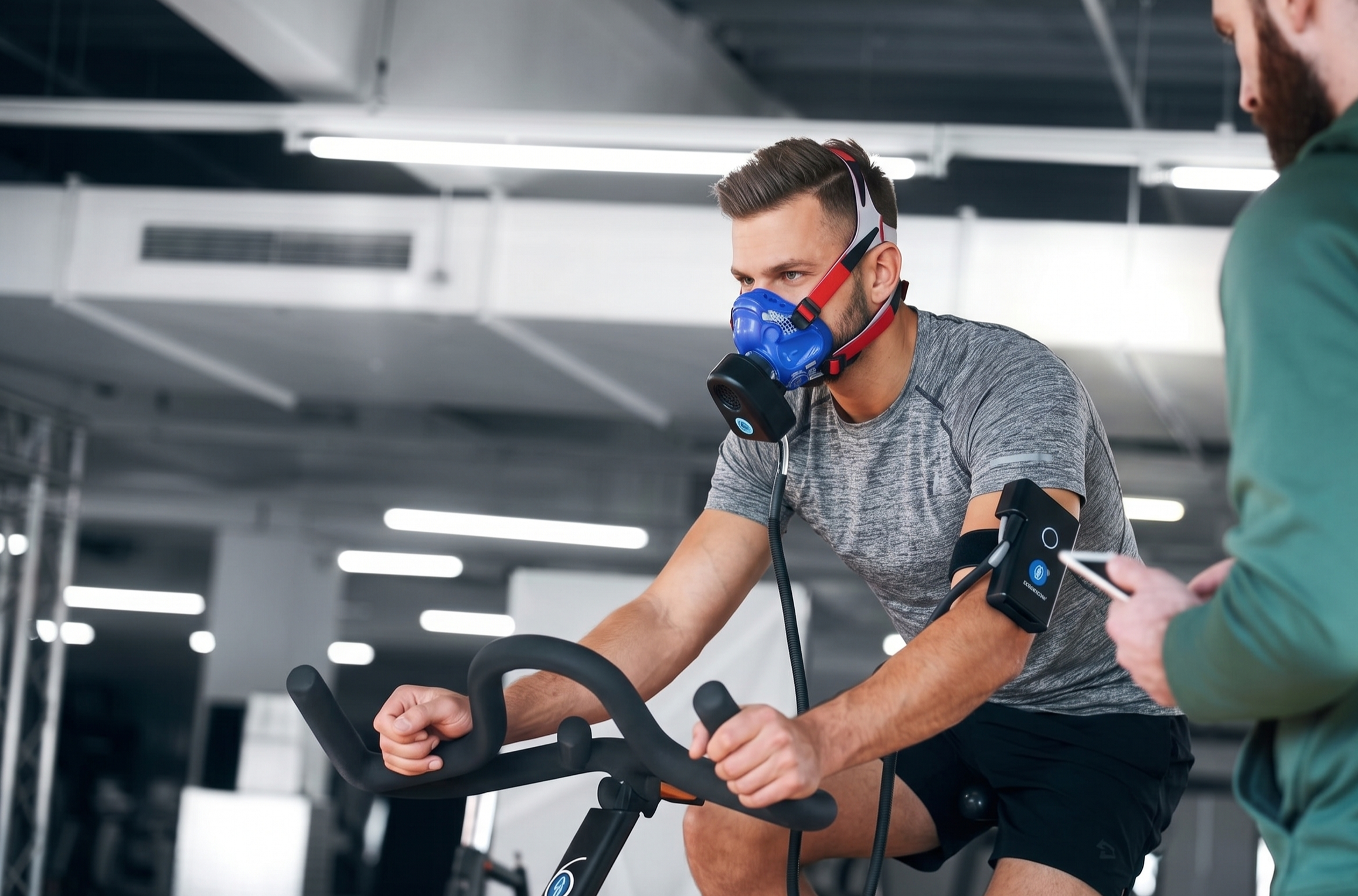 Junger Mann beim Indoor-Cycling-Training, trägt Maske für eine Leistungsdiagnose.