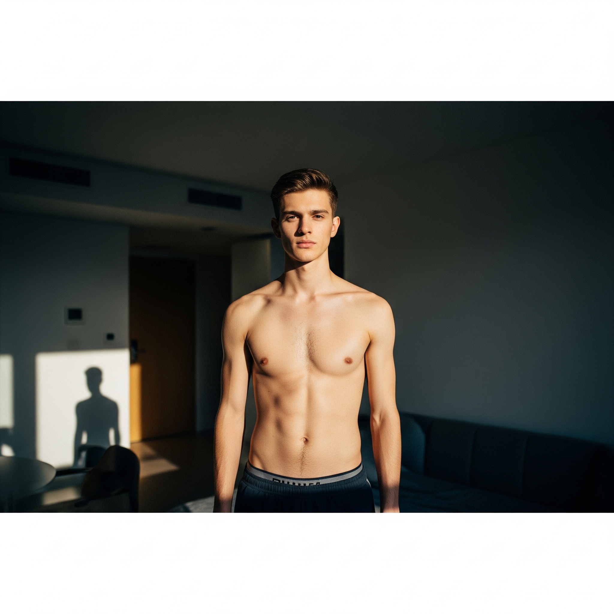 Ein junger Mann ohne Hemd trägt schwarze Shorts in einem Raum mit dunklem Hintergrund. Seine Haare sind kurz und gepflegt, er schaut direkt in die Kamera, die Beleuchtung ist warm und hebt seine Gesichtszüge hervor.