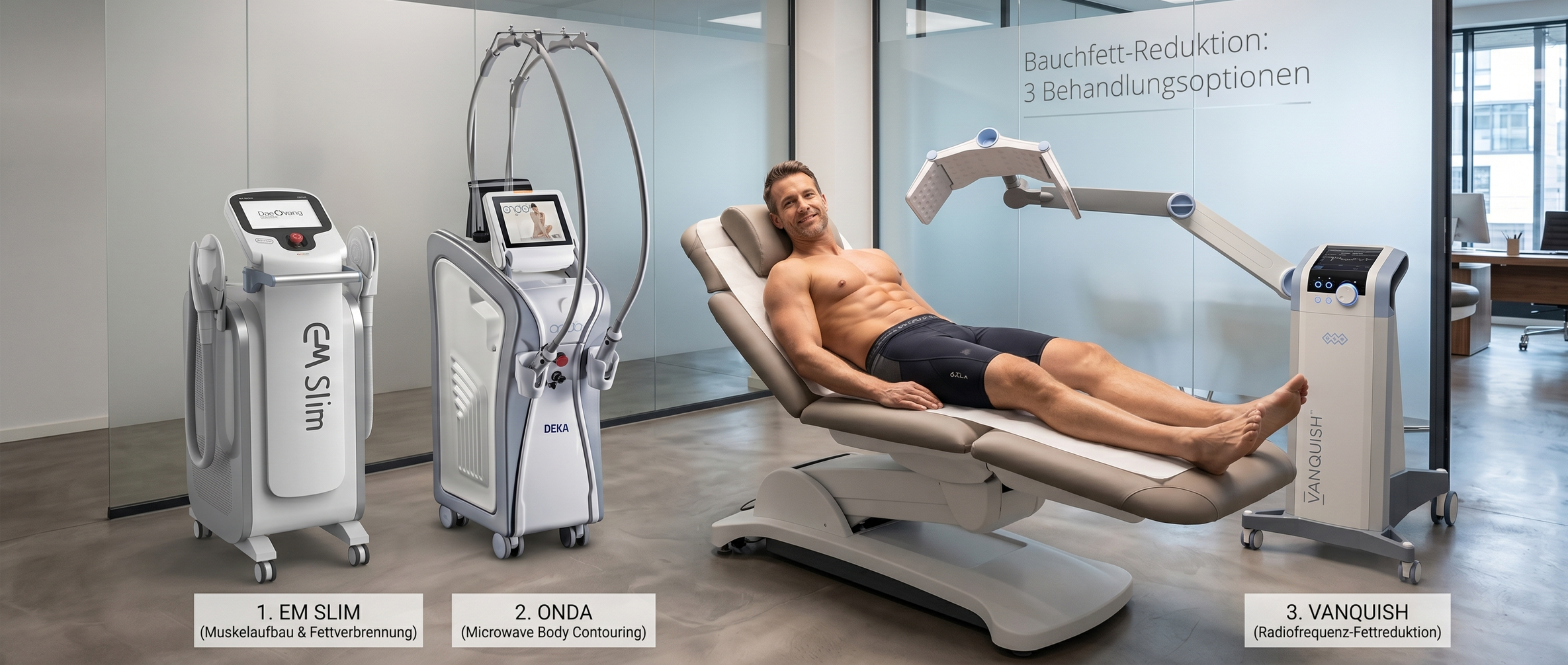 Das Bild zeigt ein Mann der sich 3 Behandlungsoptionen für den Fettabbau am Bauch anschaut.