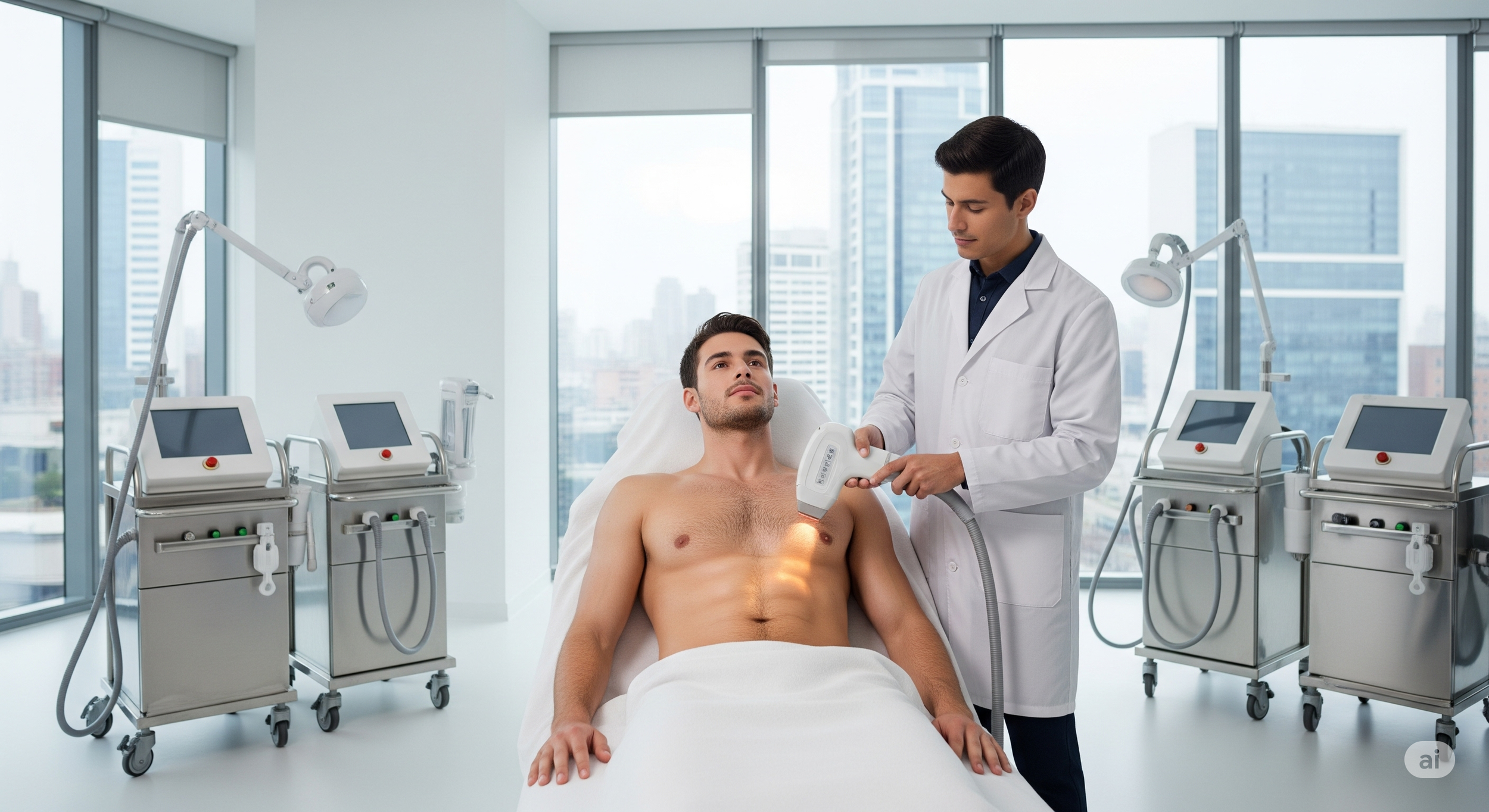 Ein Arzt führt eine Behandlung bei einem männlichen Patienten in einem Klinikum durch, um ihn vor elektromagnetischer Strahlung zu schützen.