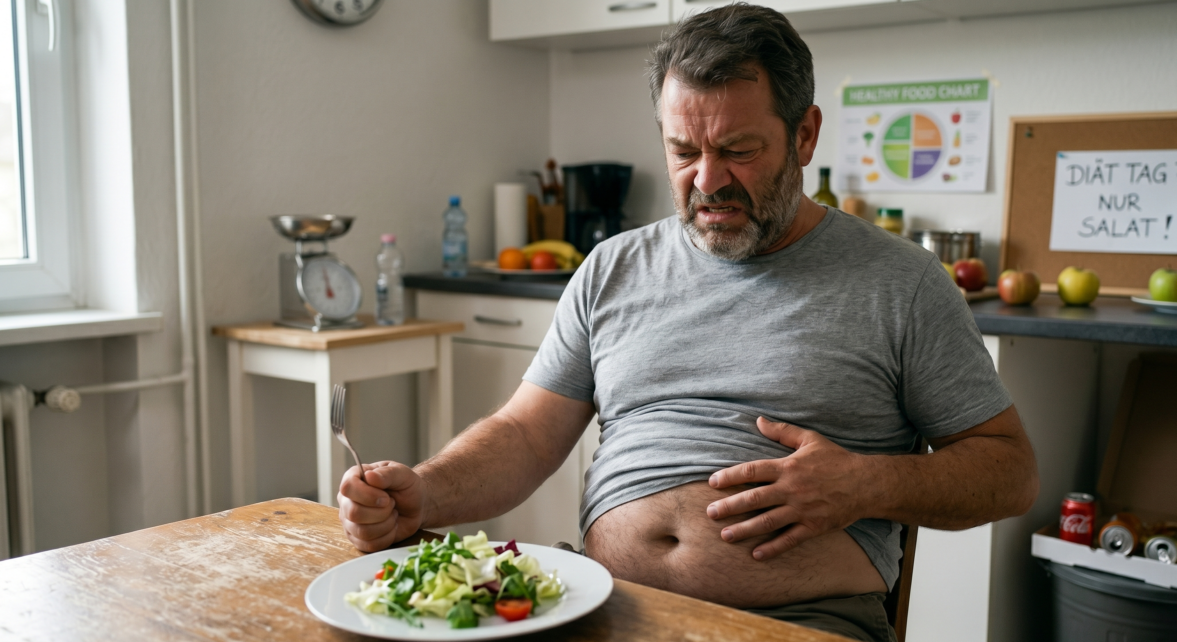 Mann der eine Diät macht und realisiert, dass sie nichts bringt.