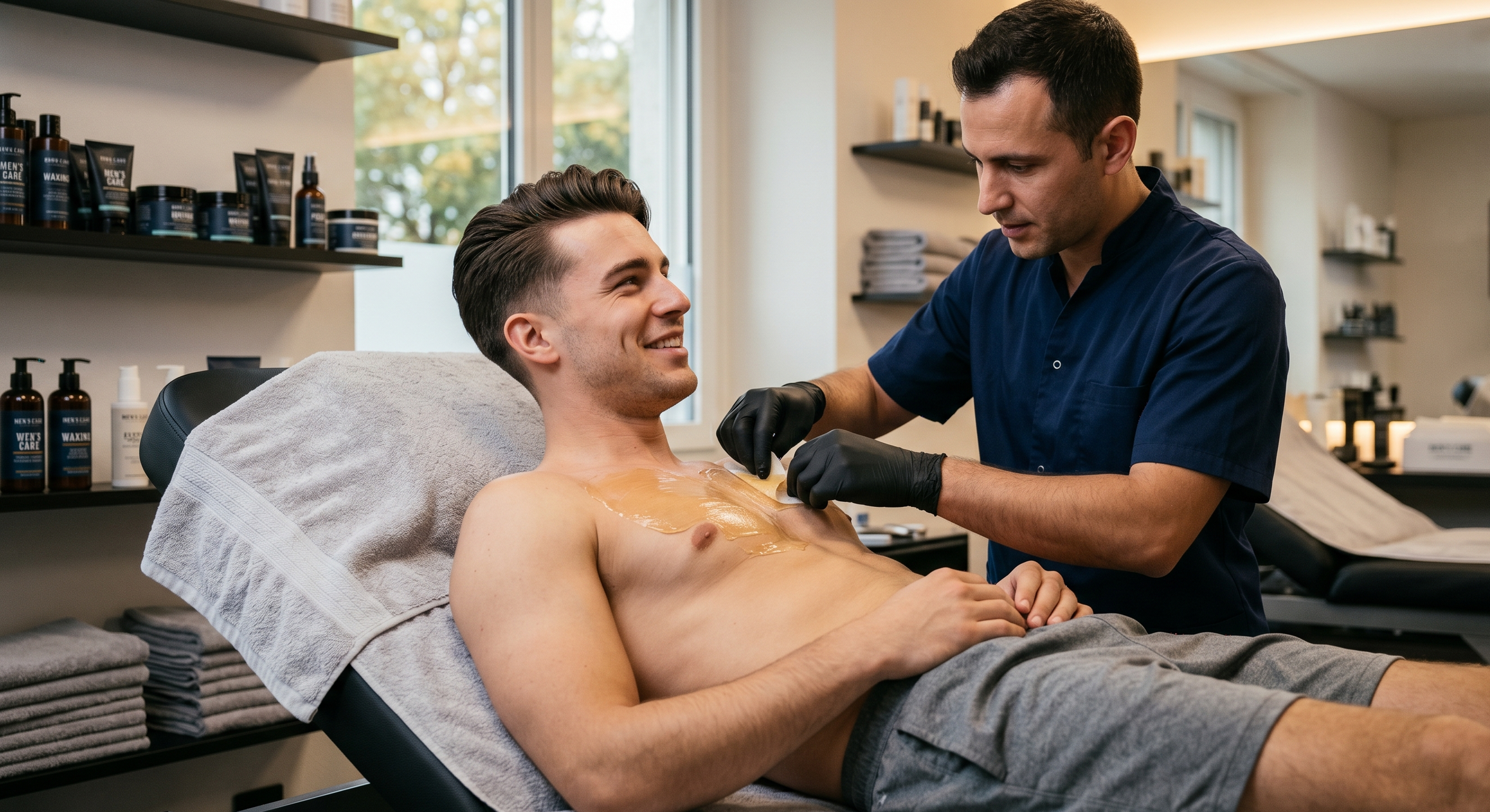 Mann der ein Brustwaxing und ein Bauchwaxing macht bei Menesthetic in Zürich