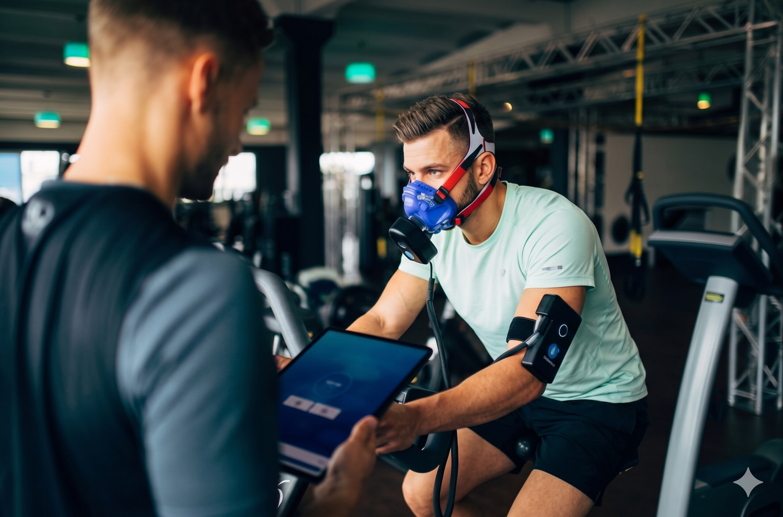 Ein Mann macht auf dem Fahrrad eine Uvida Leistungsdiagnose. Er wird von einem Fitnesstrainer begleitet.