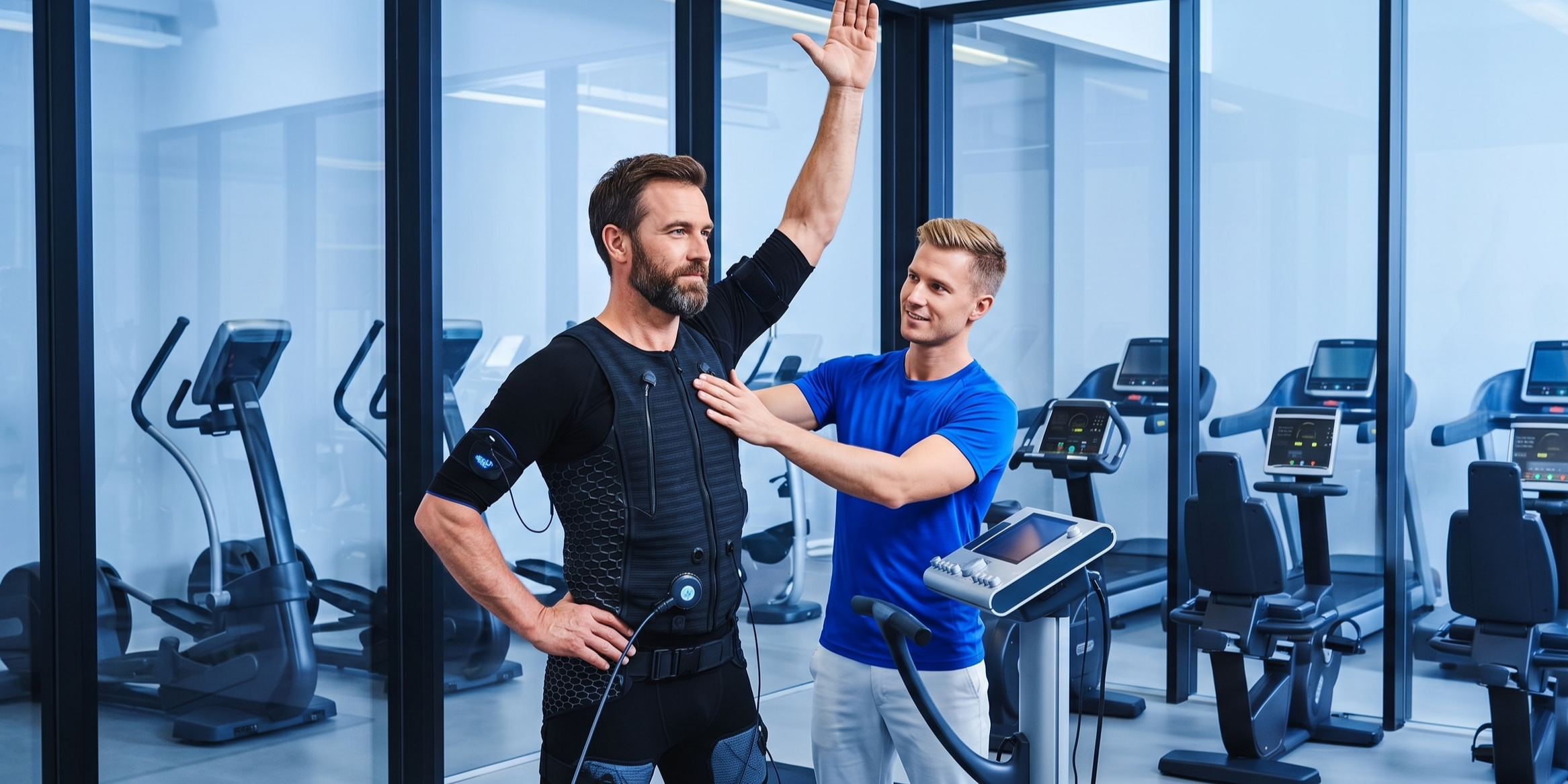 Ein Mann der mit EMS (Elektromuskelstimulation) in einem EMS Studio in Zuerich trainiert.