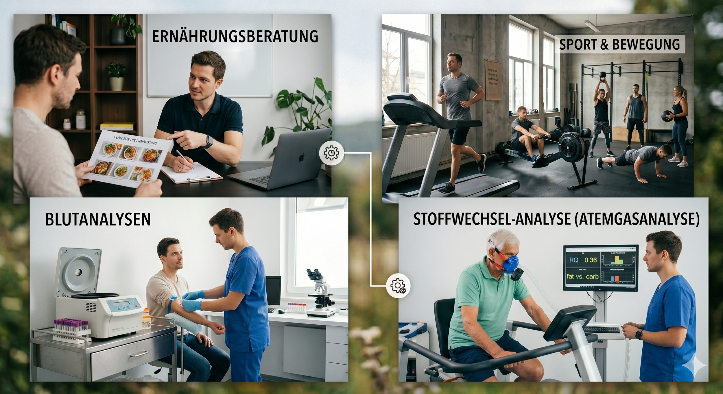 Vier Bilder, die verschiedene Gesundheits- und Fitnessaktivitäten zeigen. Das erste Bild zeigt eine Ernährungsberatung mit einem Berater, der eine Speisekarte mit Mahlzeiten zeigt. Das zweite Bild zeigt eine Gruppe beim Krafttraining im Fitnessstudio. Das dritte Bild zeigt eine medizinische Blutuntersuchung, bei der eine Person Blut abgenommen wird. Das vierte Bild zeigt eine Atemgas-Analyse, bei der eine ältere Person eine Atemmaske trägt und von einer medizinischen Fachkraft betreut wird.