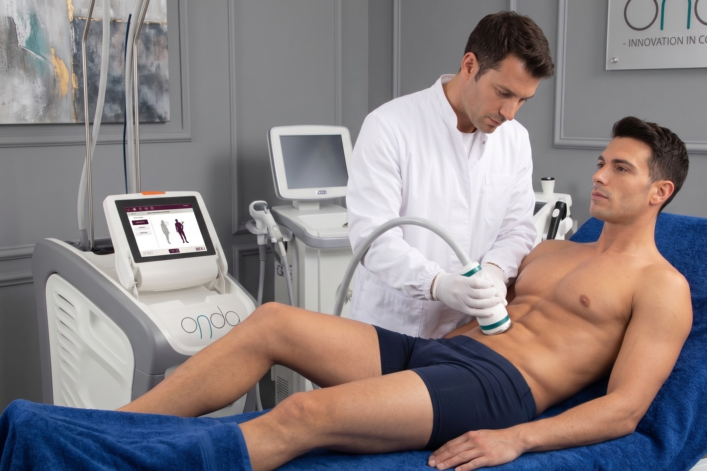 Ein Arzt führt eine Onda Coolwaves Behandlung an einem Mann durch. Man sieht, dass der Mann viel Fett verloren hat und er ein Sixpack hat.