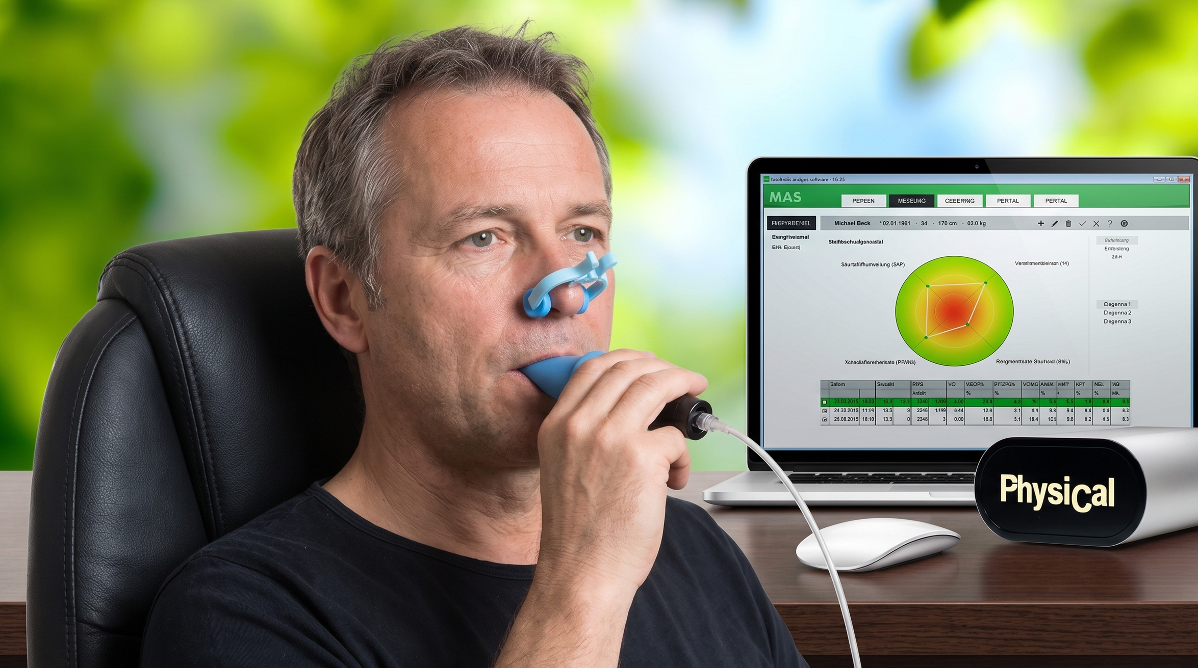 Ein Mann macht eine Stoffwechselmessung um mehr über seinen Stoffwechsel zu erfahren.