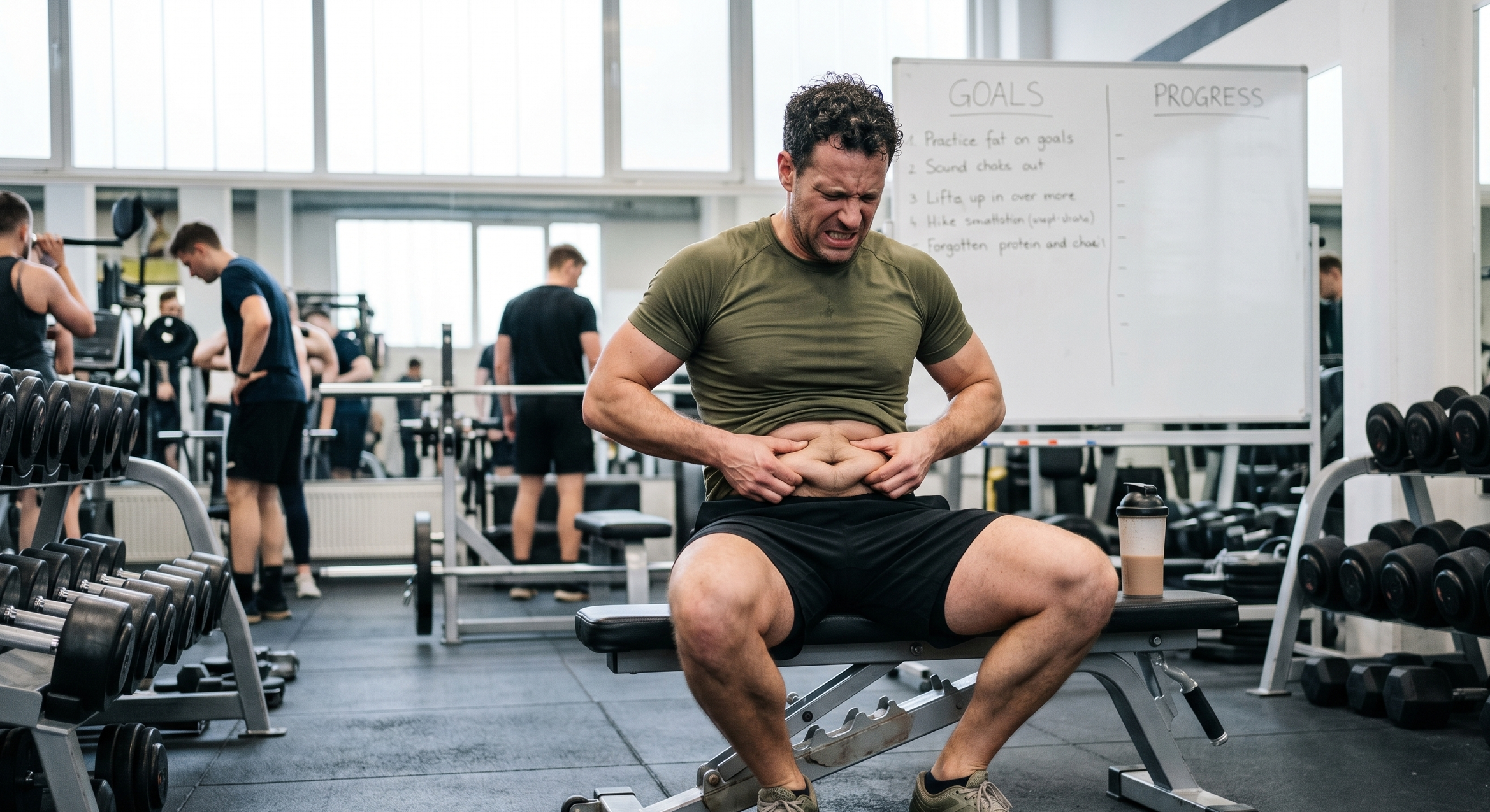 Mann der trotz Training sein Bauchfett nicht abbauen kann.