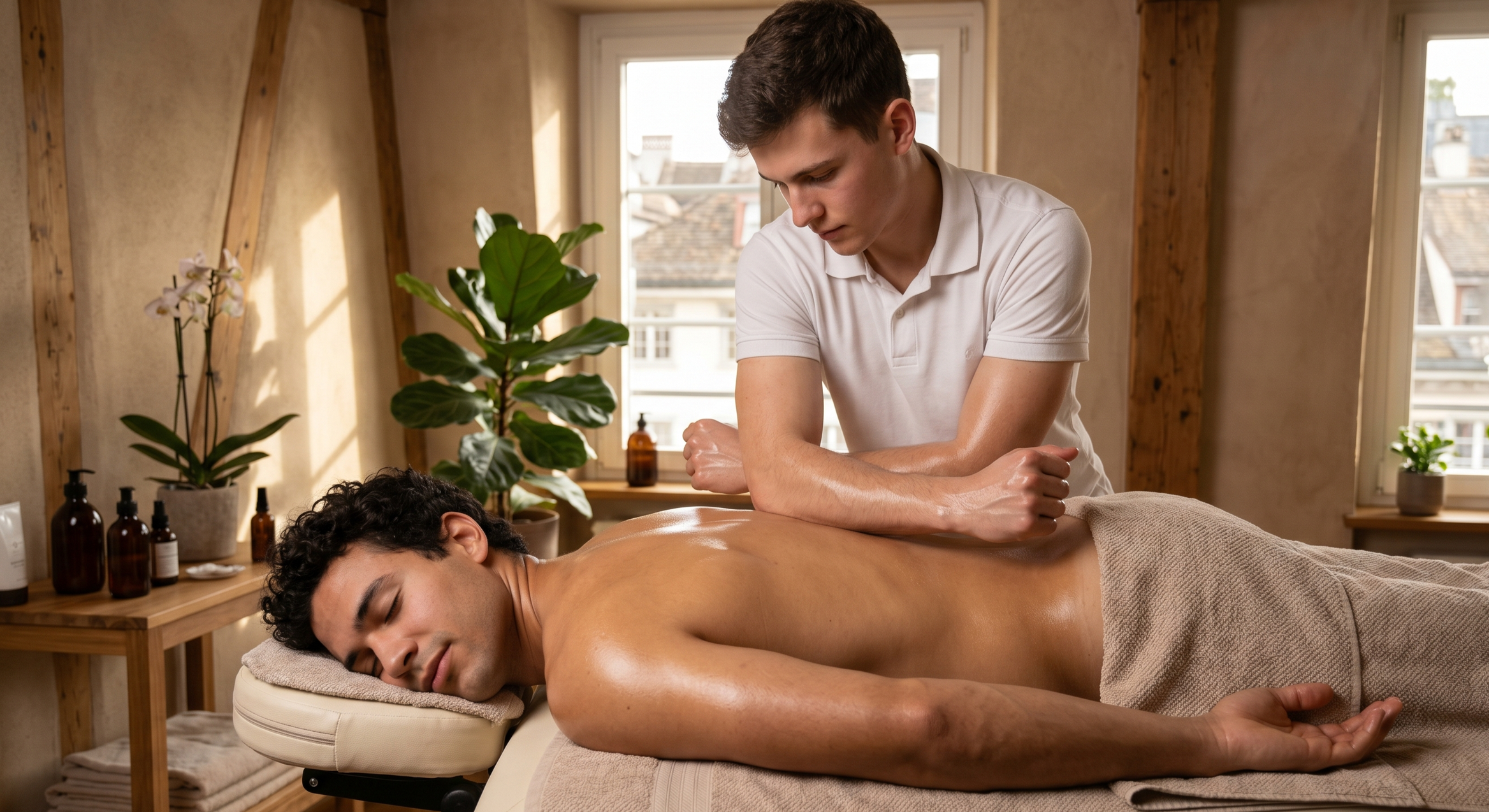 Ein Mann der eine Lomi-Lomi Massage von einem Masseur in Zürich erhält.