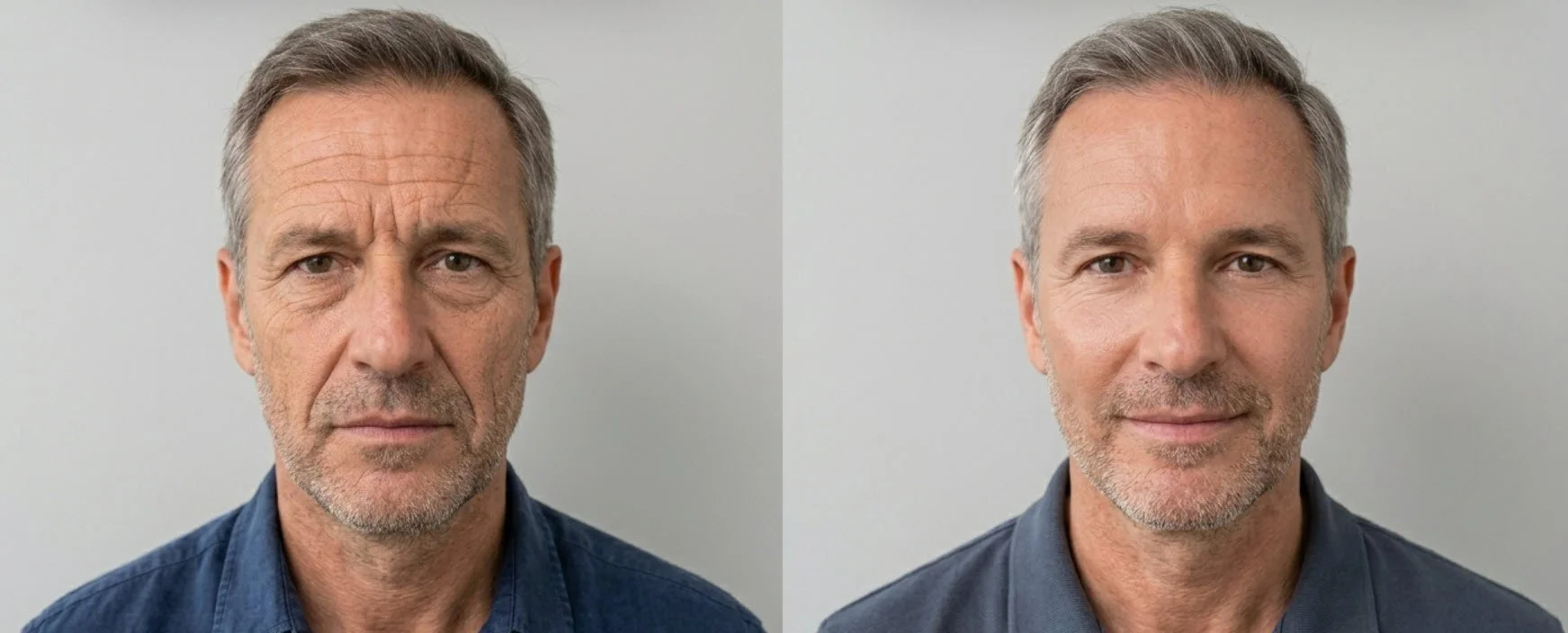 Vorher-Nachher-Bilder eines Mannes mit unterschiedlicher Haut- und Haarfarbe. Links alter, müder Blick, rechts jugendlich und entspannt.