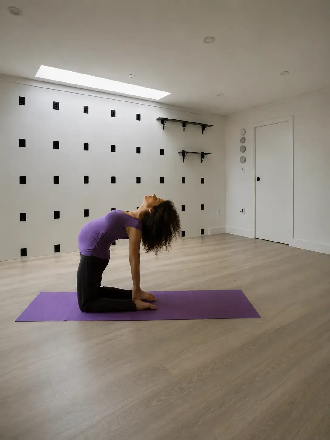 Pregnant woman practicing Camel Pose on a yoga mat
