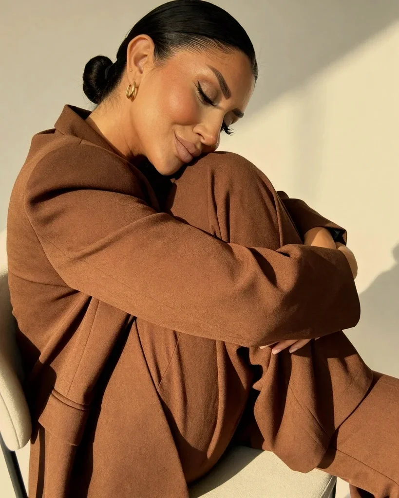 Eine Frau mit dunklem Haar in einem braunen Anzug, die lächelnd mit geschlossenen Augen sitzt.