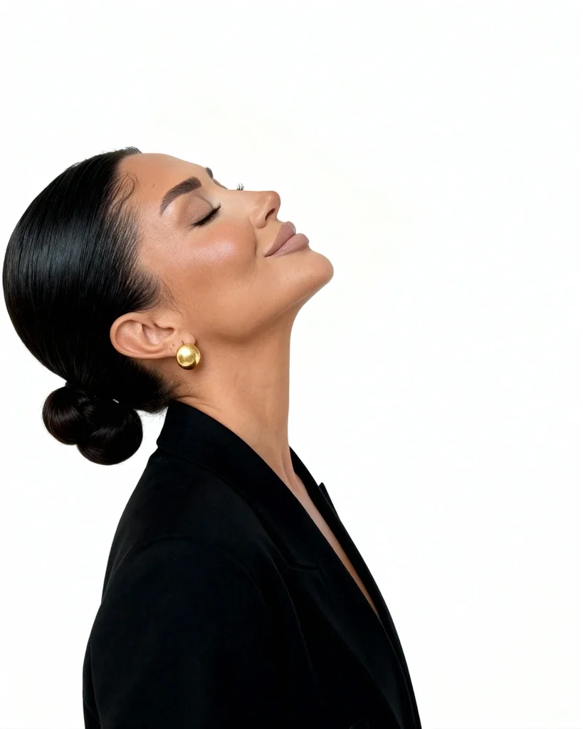 Eine Frau mit geschlossener Augen, die selbstbewusst und entspannt aussieht, trägt eine schwarze Jacke und große goldene Ohrringe, während sie gegen einen weißen Hintergrund posiert.