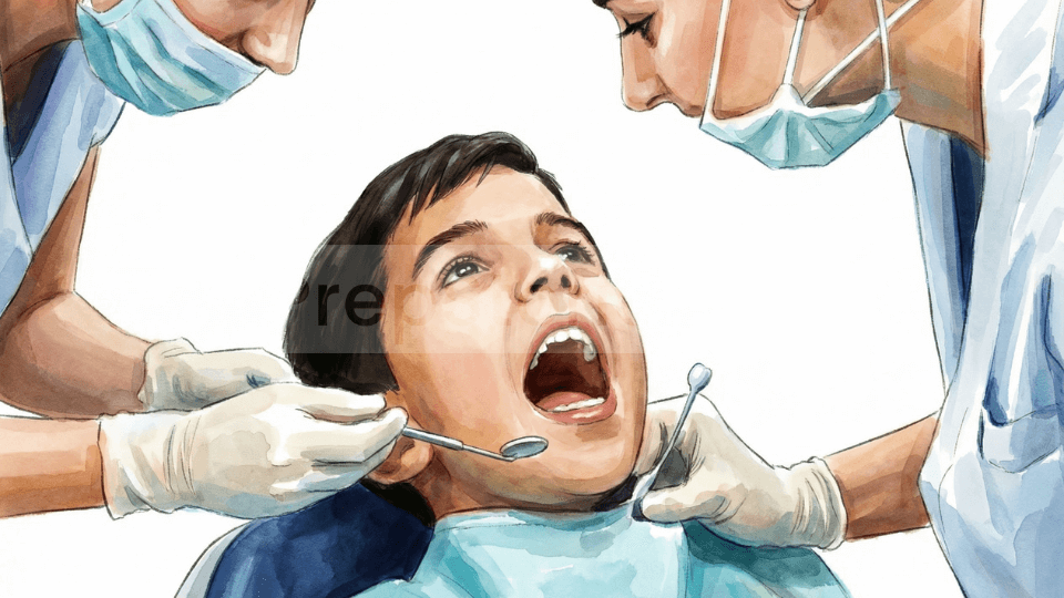 A young child experiencing a dental check-up, with a visual split showing the difference before and after AI technology is applied in pediatric dental care. Demonstrates how AI enhances accuracy, comfort, and outcomes during children’s dental visits.