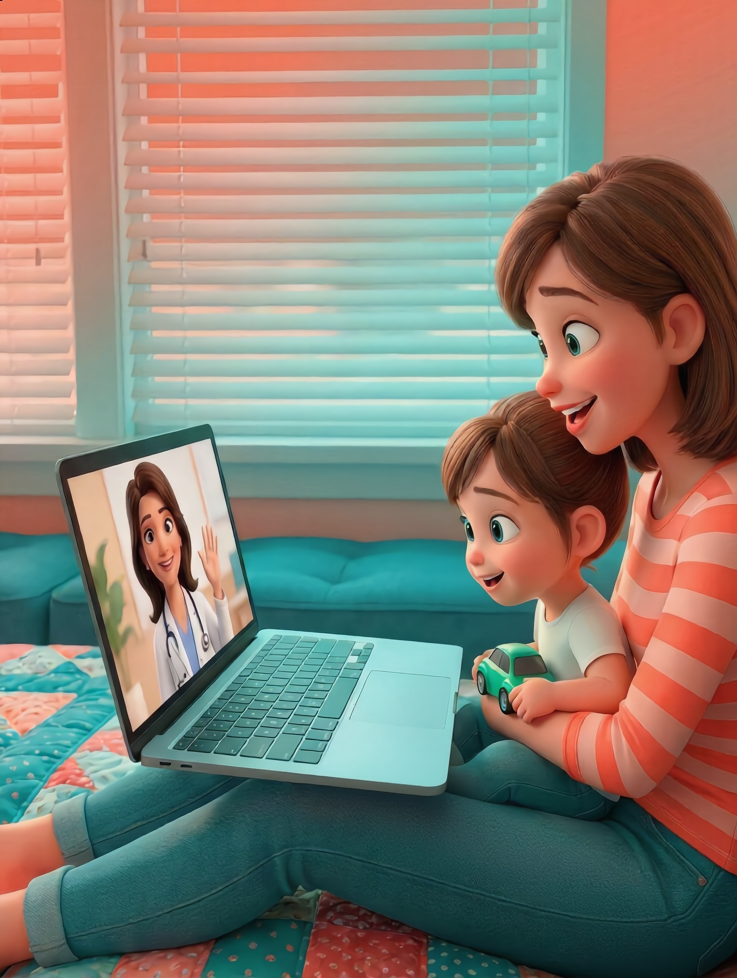 Pediatric AI animation for patient instruction showing before and after child preparation using storytelling