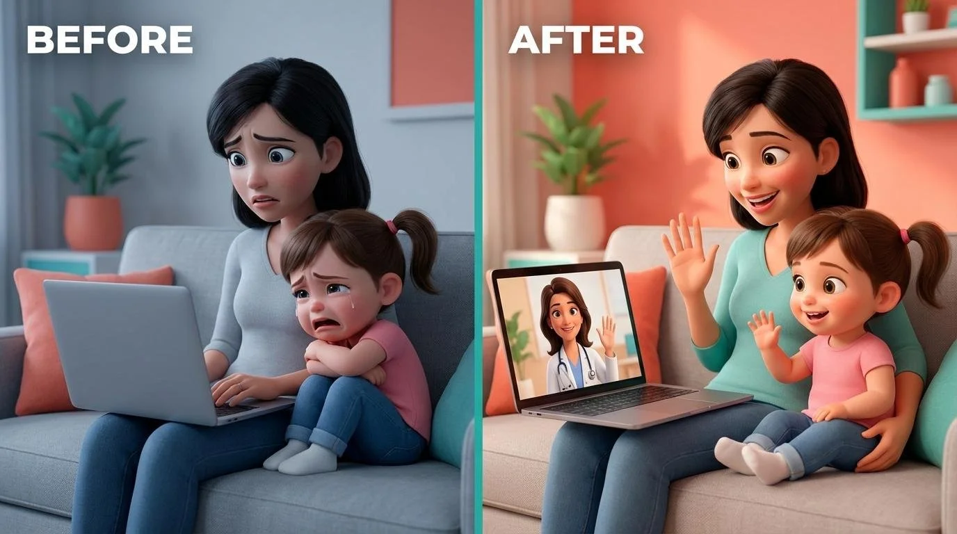 Pediatric AI animation for patient instruction showing teleconsult before and after with reduced anxiety and better understanding