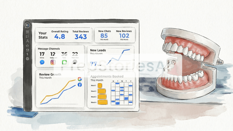 Illustration showing an AI-powered pediatric dentistry dashboard with patient engagement metrics alongside a dental model, highlighting improved reviews, appointments, and communication.