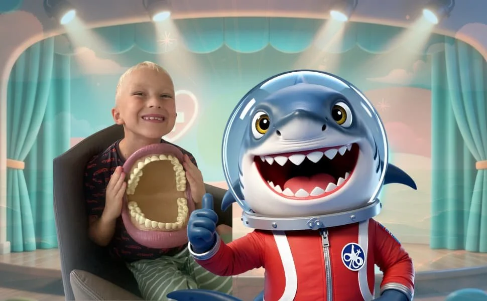 pediatric AI animation – Tiny the Shark Pixar-style pediatric AI animation of Tiny the Shark used in pediatric patient instruction videos to reduce dental anxiety