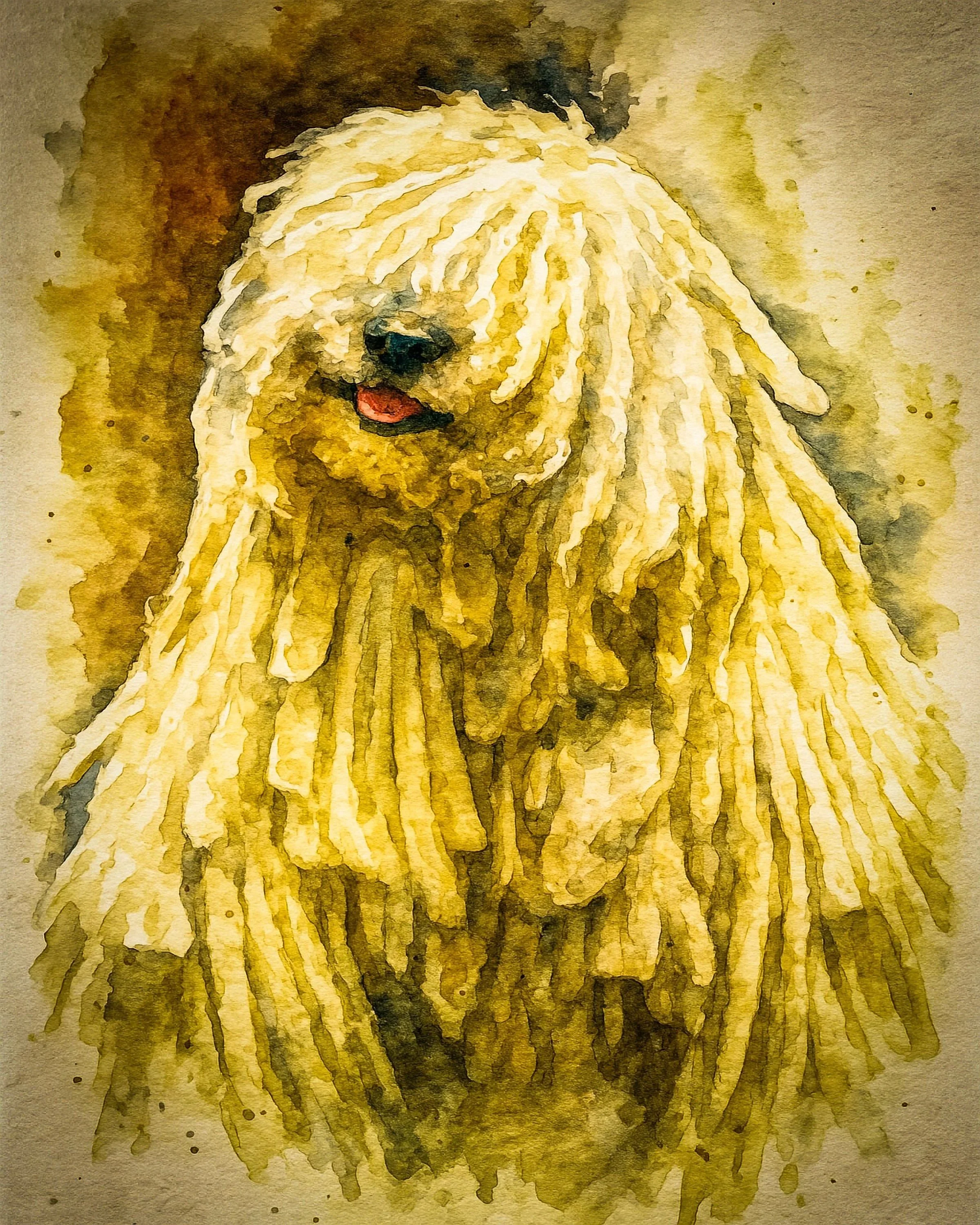Watercolor painting of a fluffy, long-haired dog with cream-colored fur, possibly a Puli, with its eyes covered by its hair, some of its tongue visible, and a dark background.