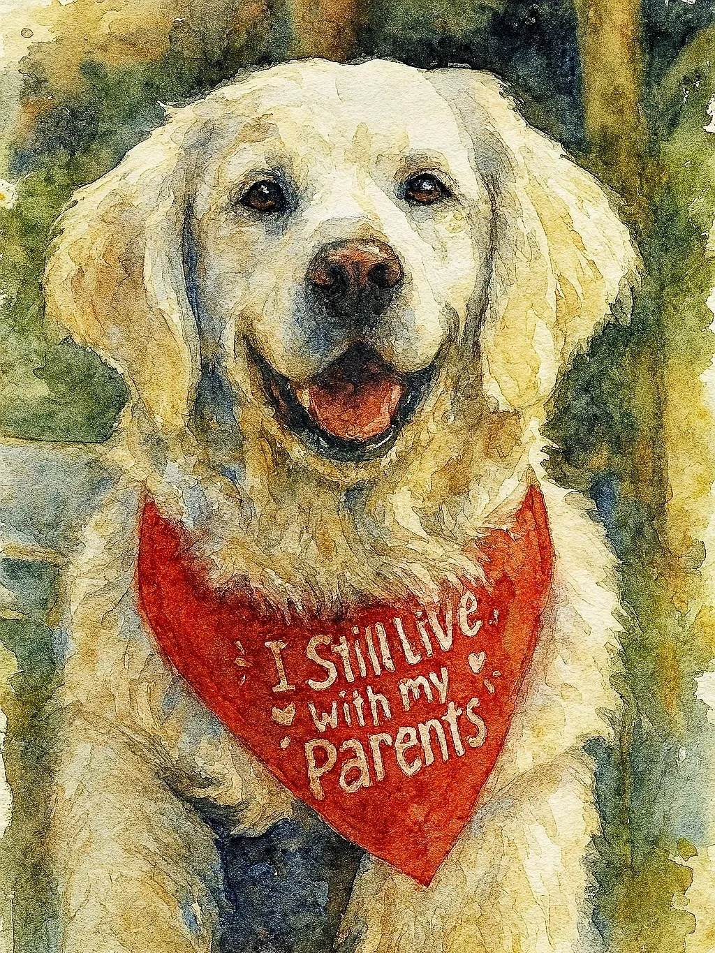 Watercolor painting of a golden retriever wearing a red bandana with the text, 'I still live with my parents'.